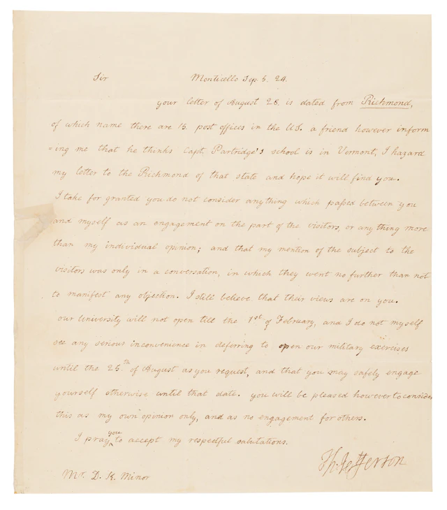 Thomas Jefferson Autograph Letter Signed on Military Instruction at