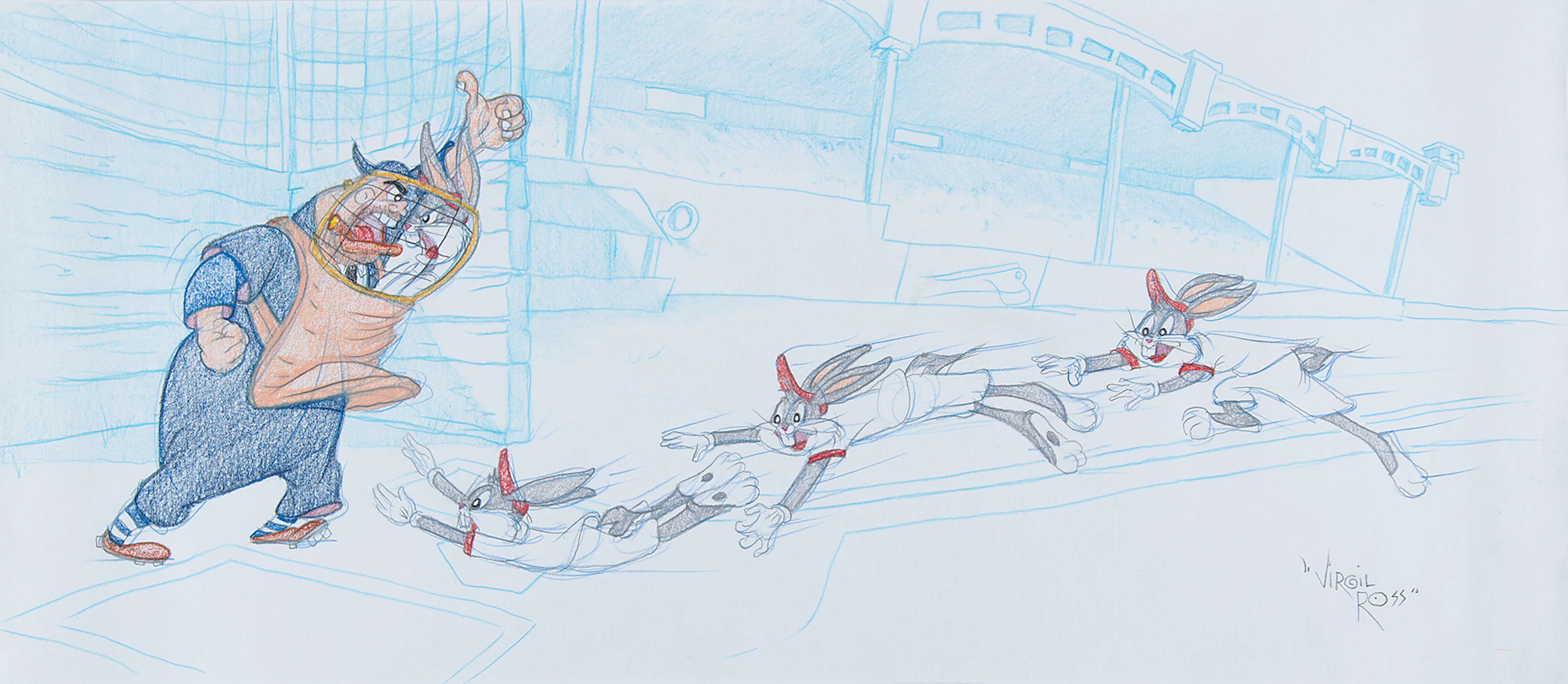 Virgil Ross Original Panoramic Drawing of Bugs Bunny and Umpire