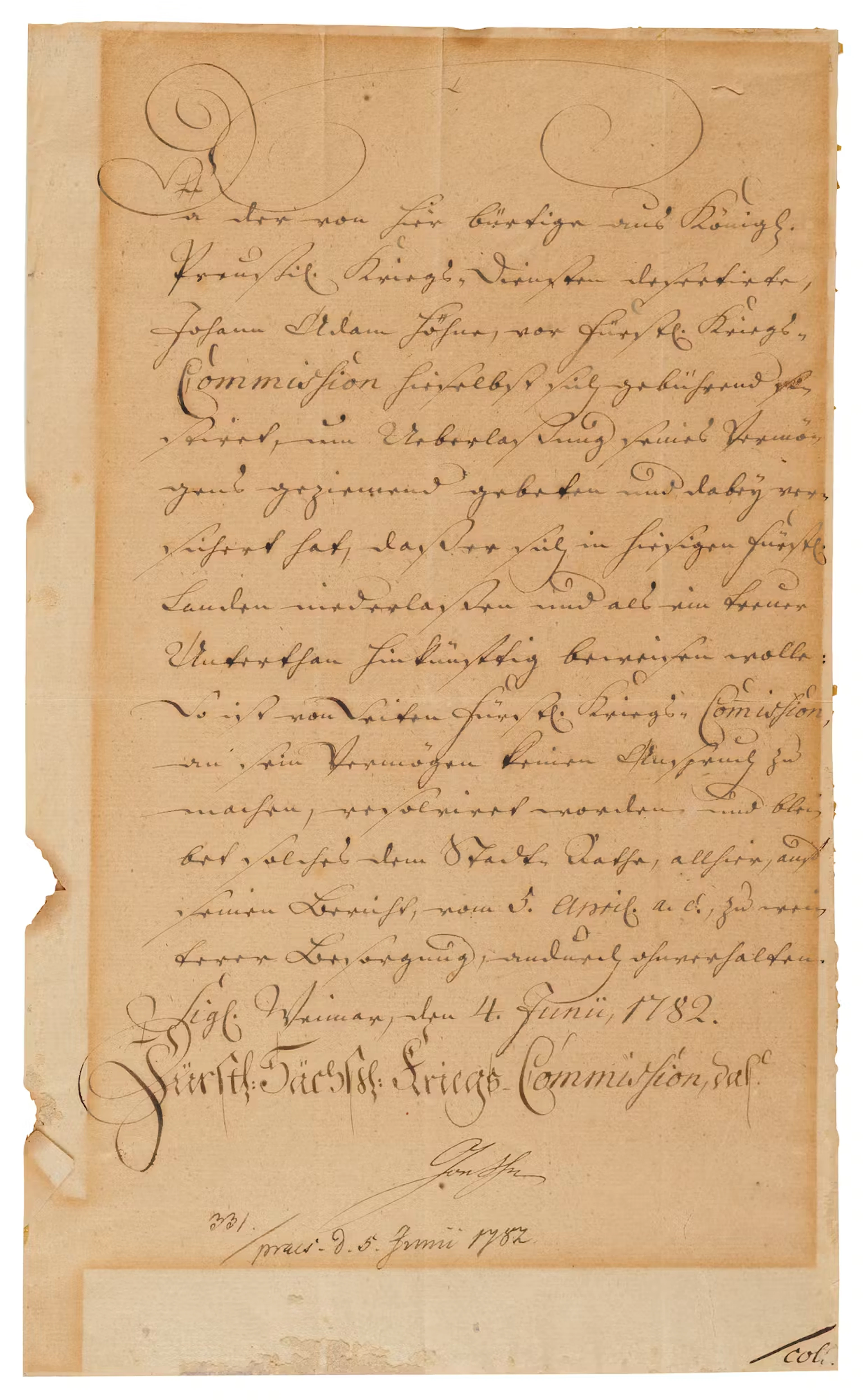 Johann Wolfgang von Goethe Letter Signed as Head of the Saxe-Weimar