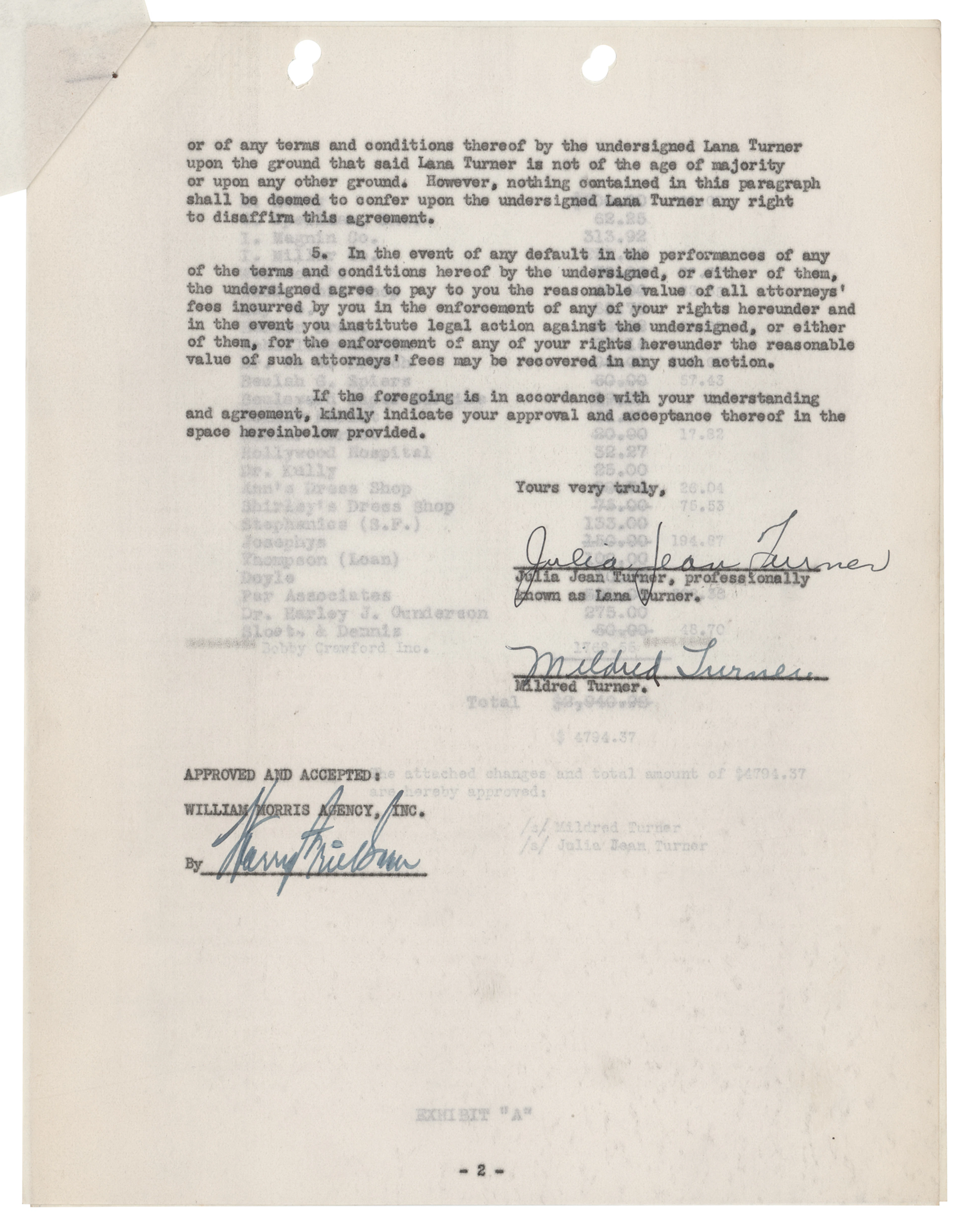 Lana Turner Early Agency Contract Signed "Julia Jean Turner" at Age 17