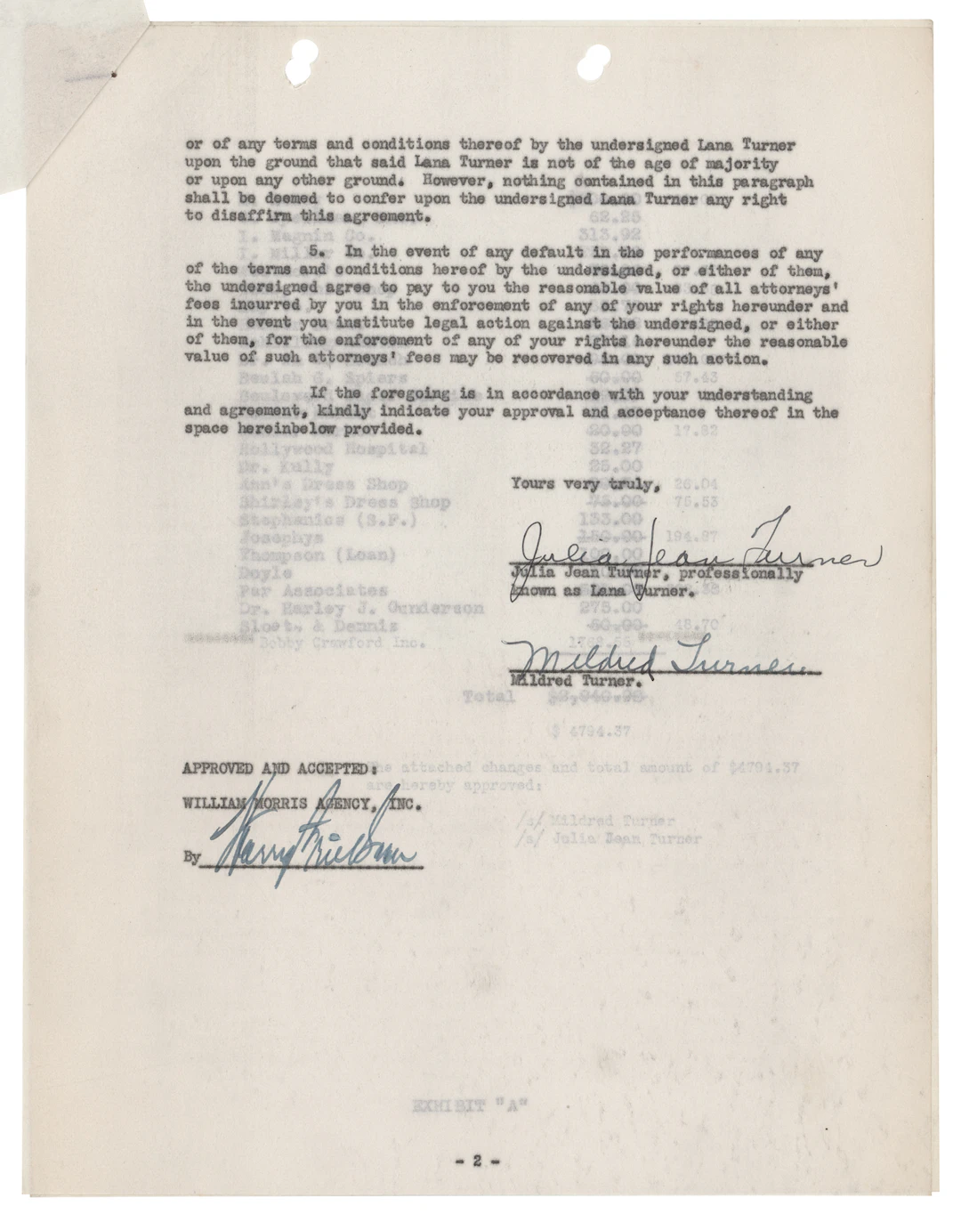 Lana Turner Early Agency Contract Signed "Julia Jean Turner" at Age 17