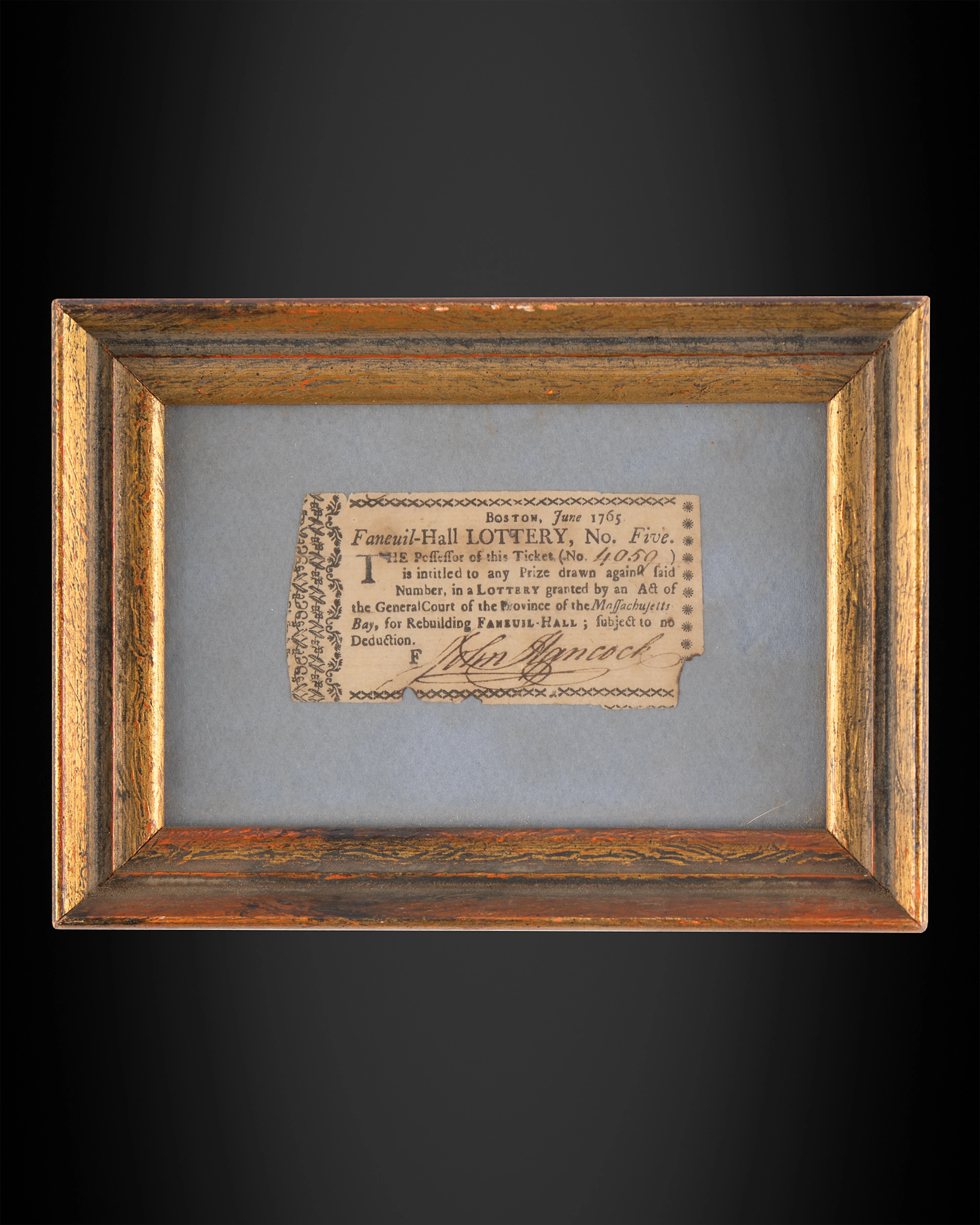 John Hancock Signed 1765 Faneuil Hall Lottery Ticket