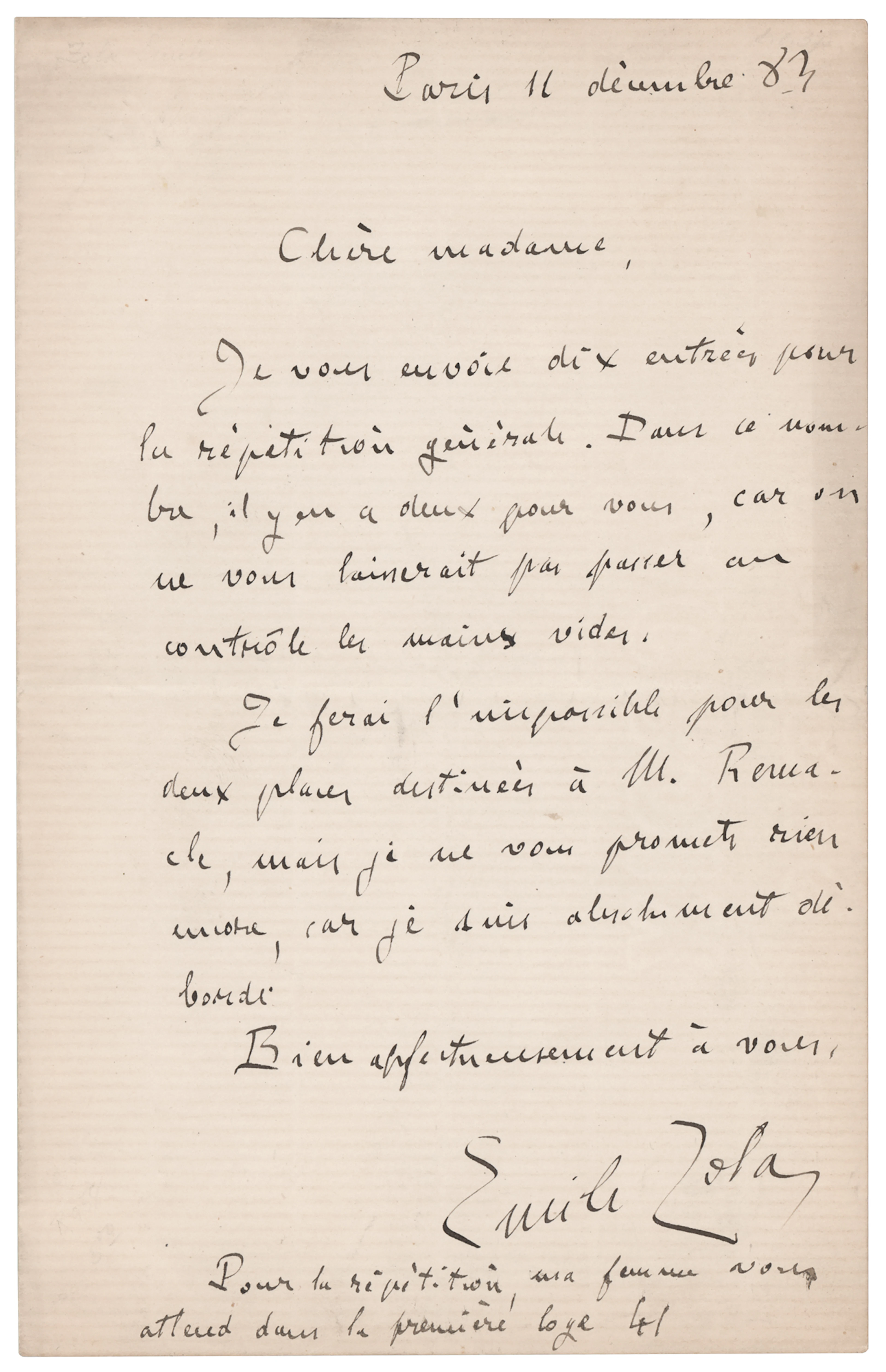 Emile Zola Autograph Letter Signed Concerning the Premiere of Pot-Bouille