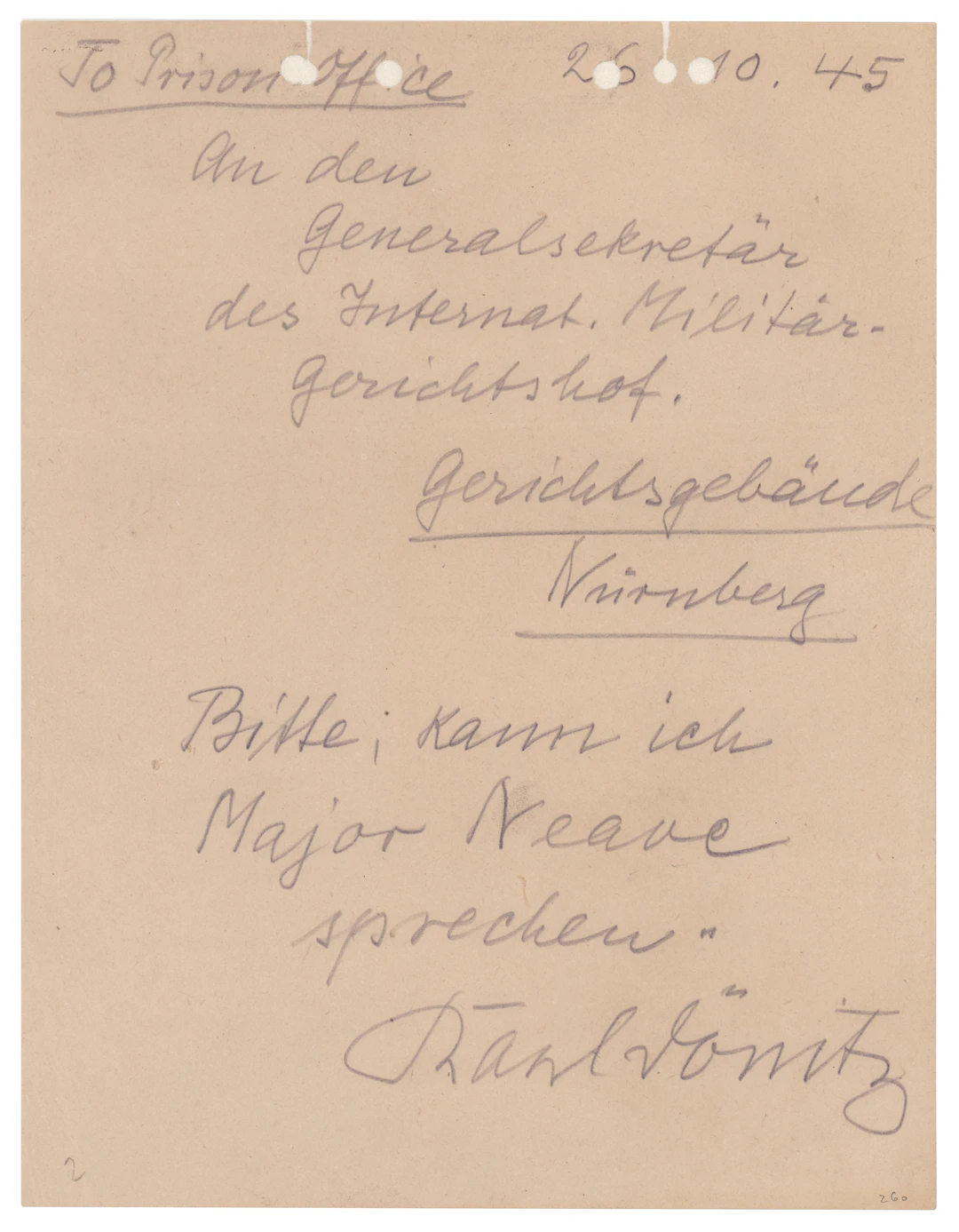 Karl Dönitz Autograph Note Signed to the International Military Tribunal