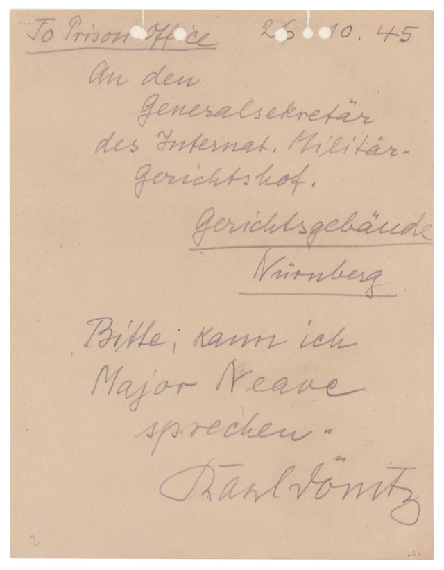 Karl Dönitz Autograph Note Signed to the International Military Tribunal
