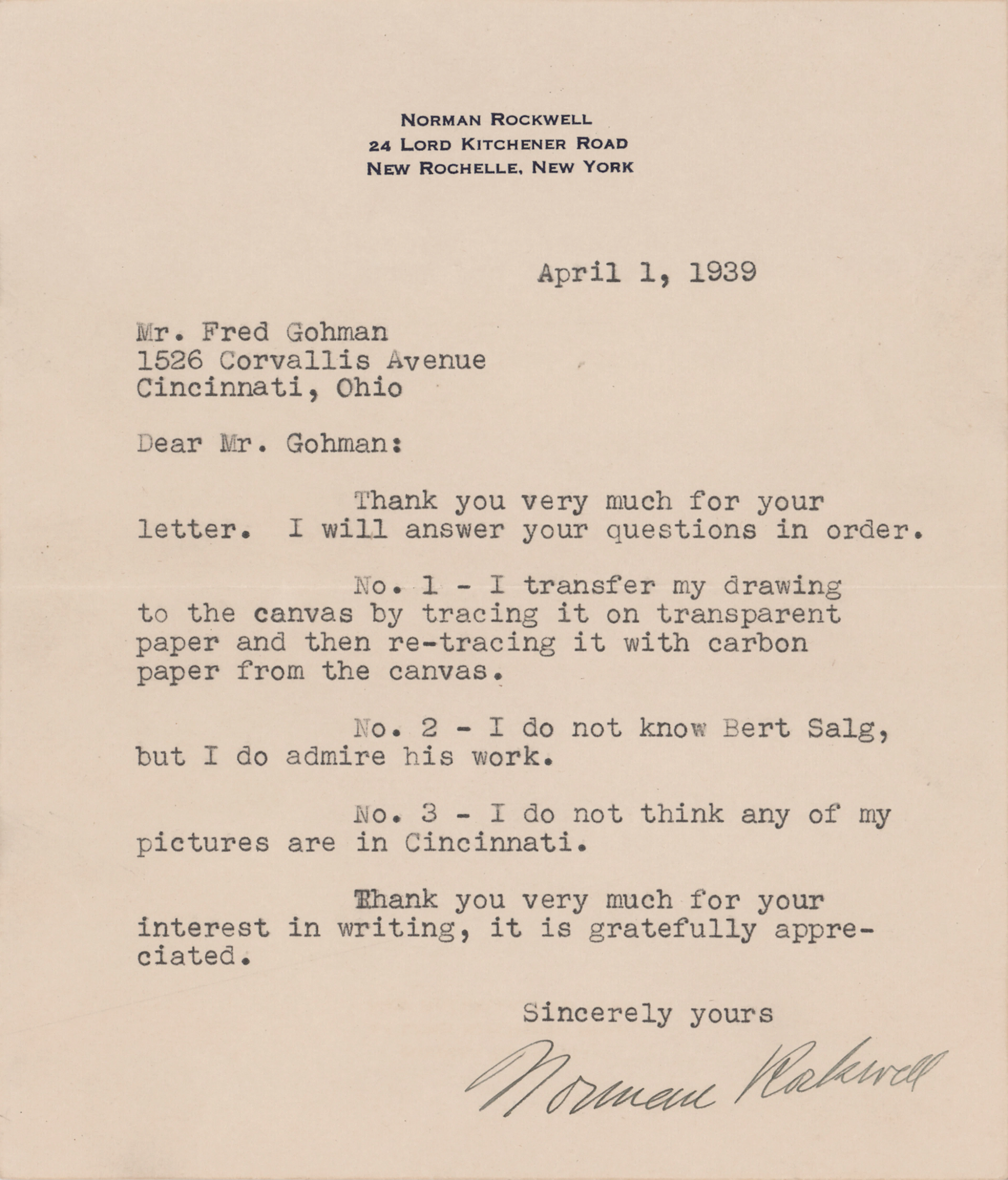 Norman Rockwell Typed Letter Signed - "I transfer my drawing to the
