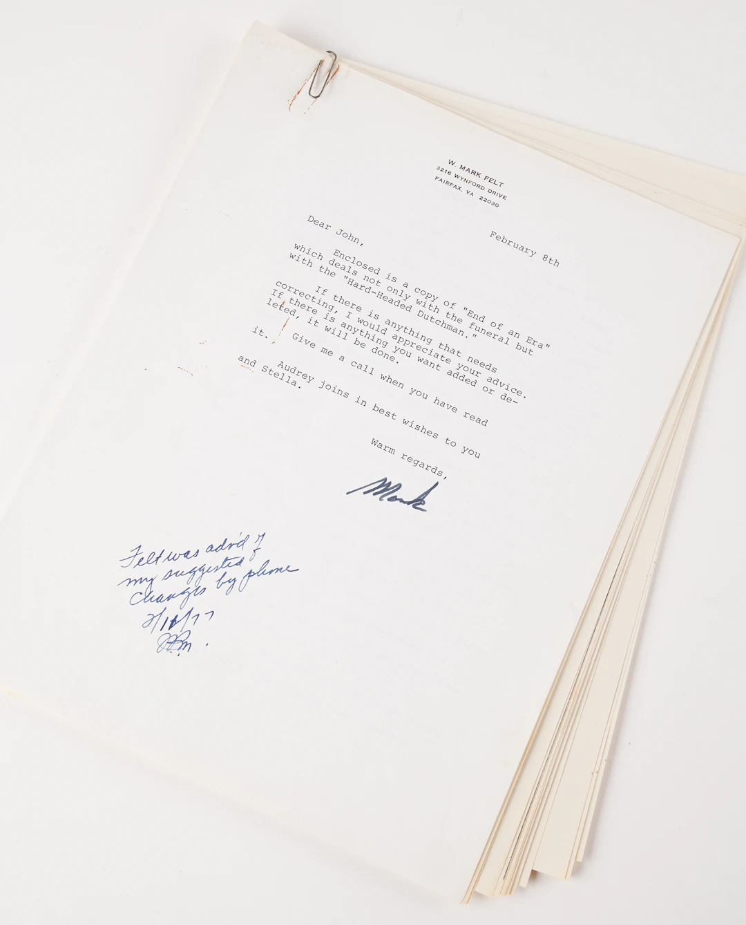 Mark Felt Typed Letter Signed with 28-Page Working Typescript on the