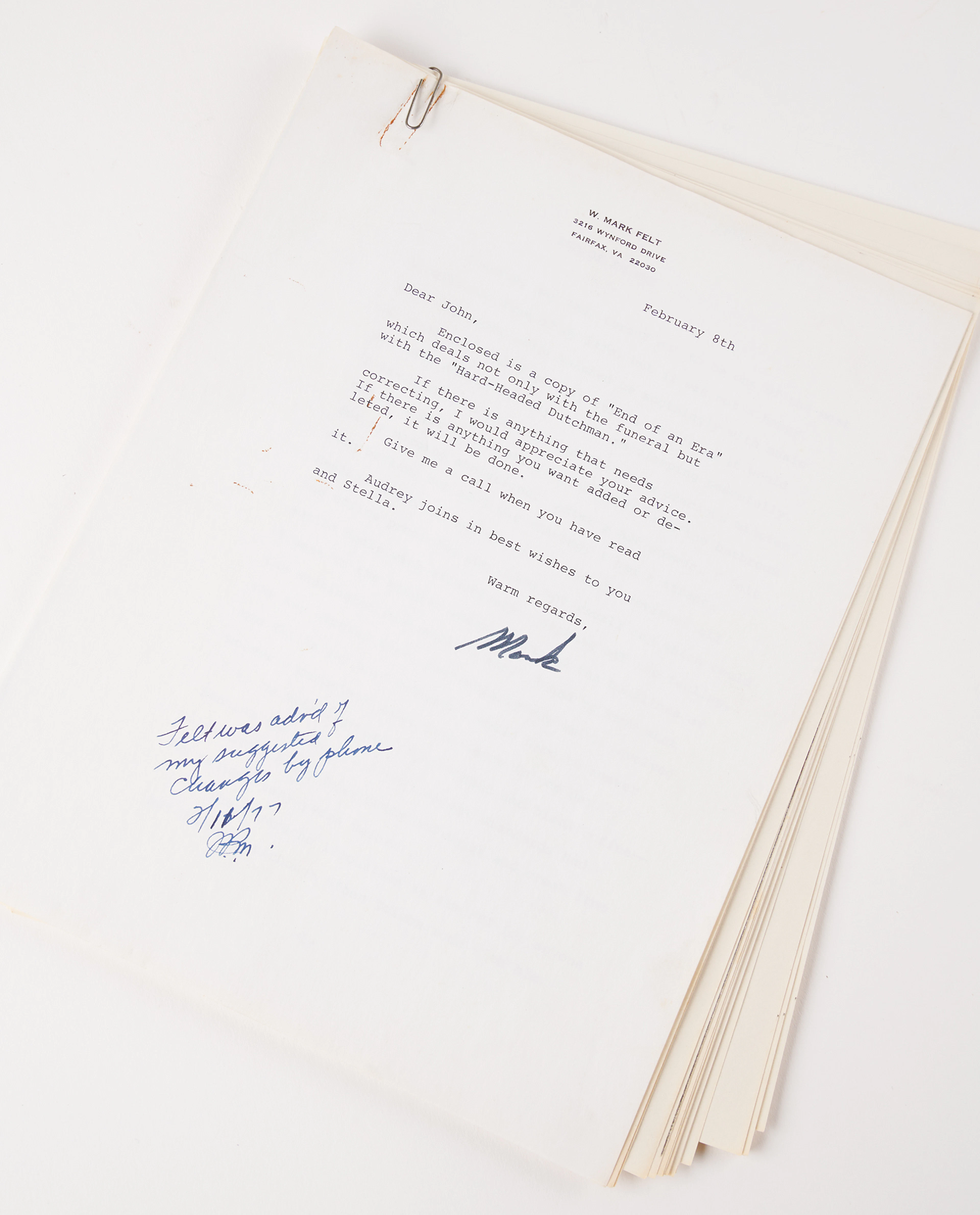 Mark Felt Typed Letter Signed with 28-Page Working Typescript on the