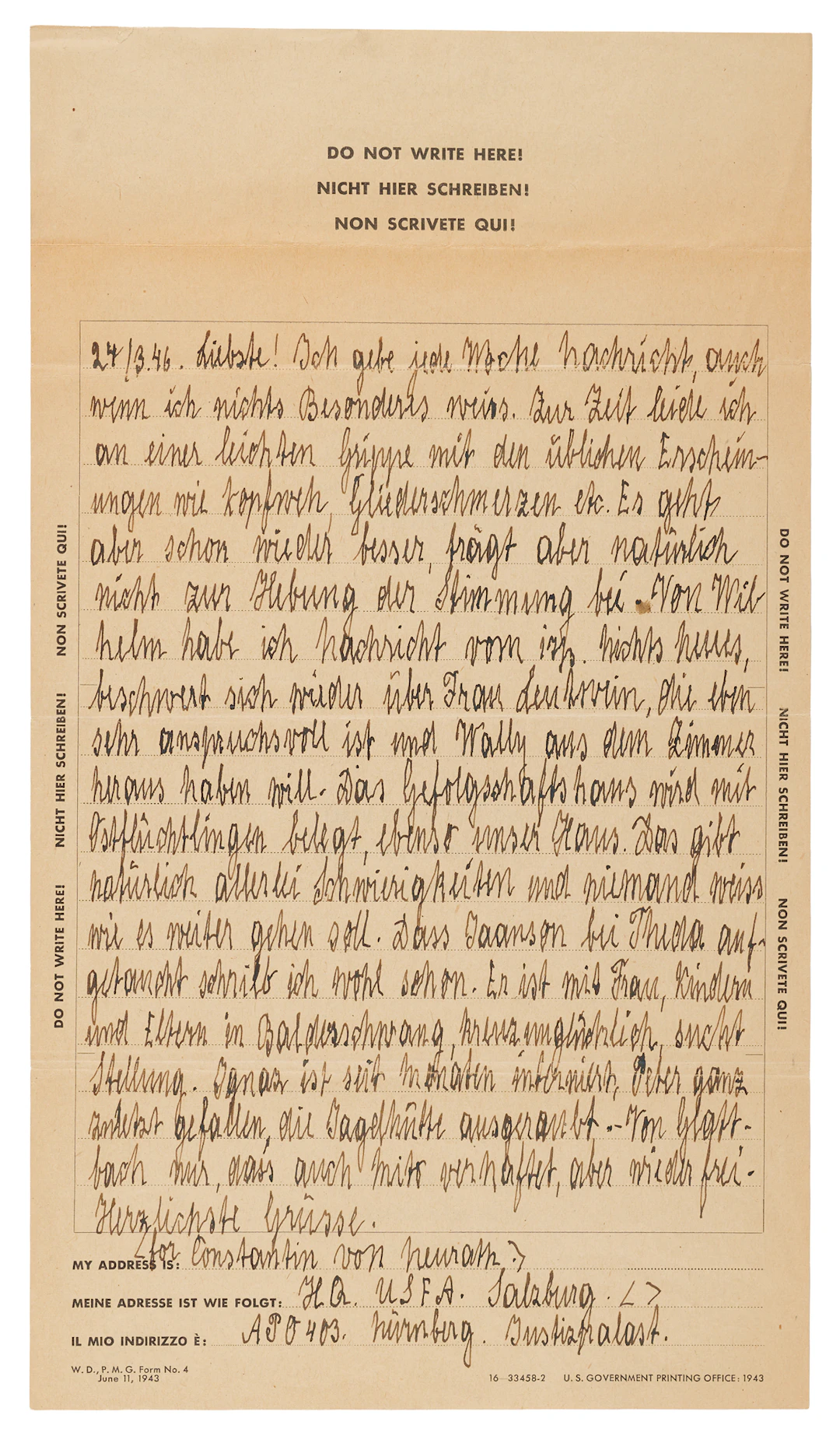 Konstantin von Neurath Autograph Letter Signed from Nuremberg to His