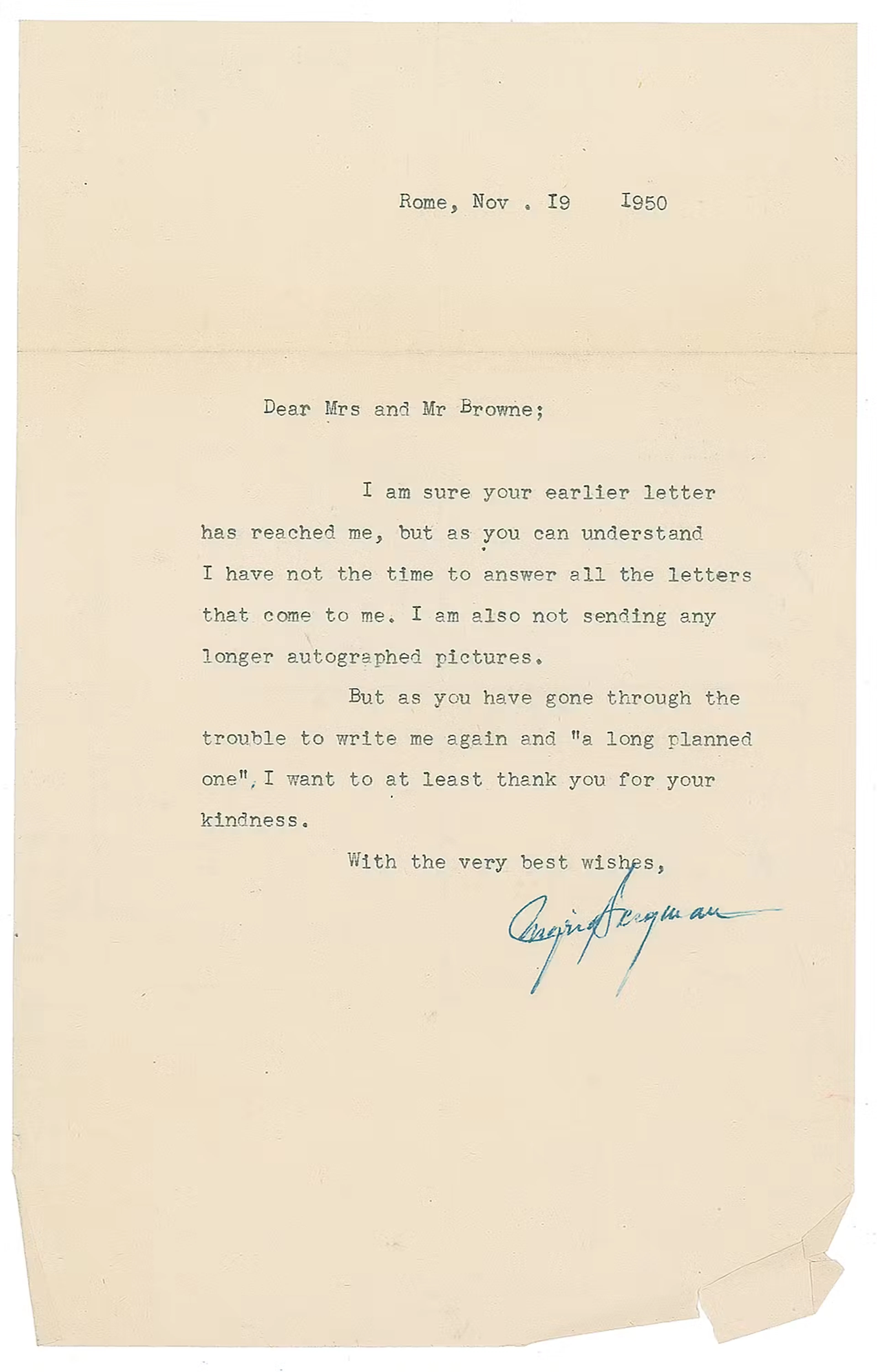 Ingrid Bergman Typed Letter Signed