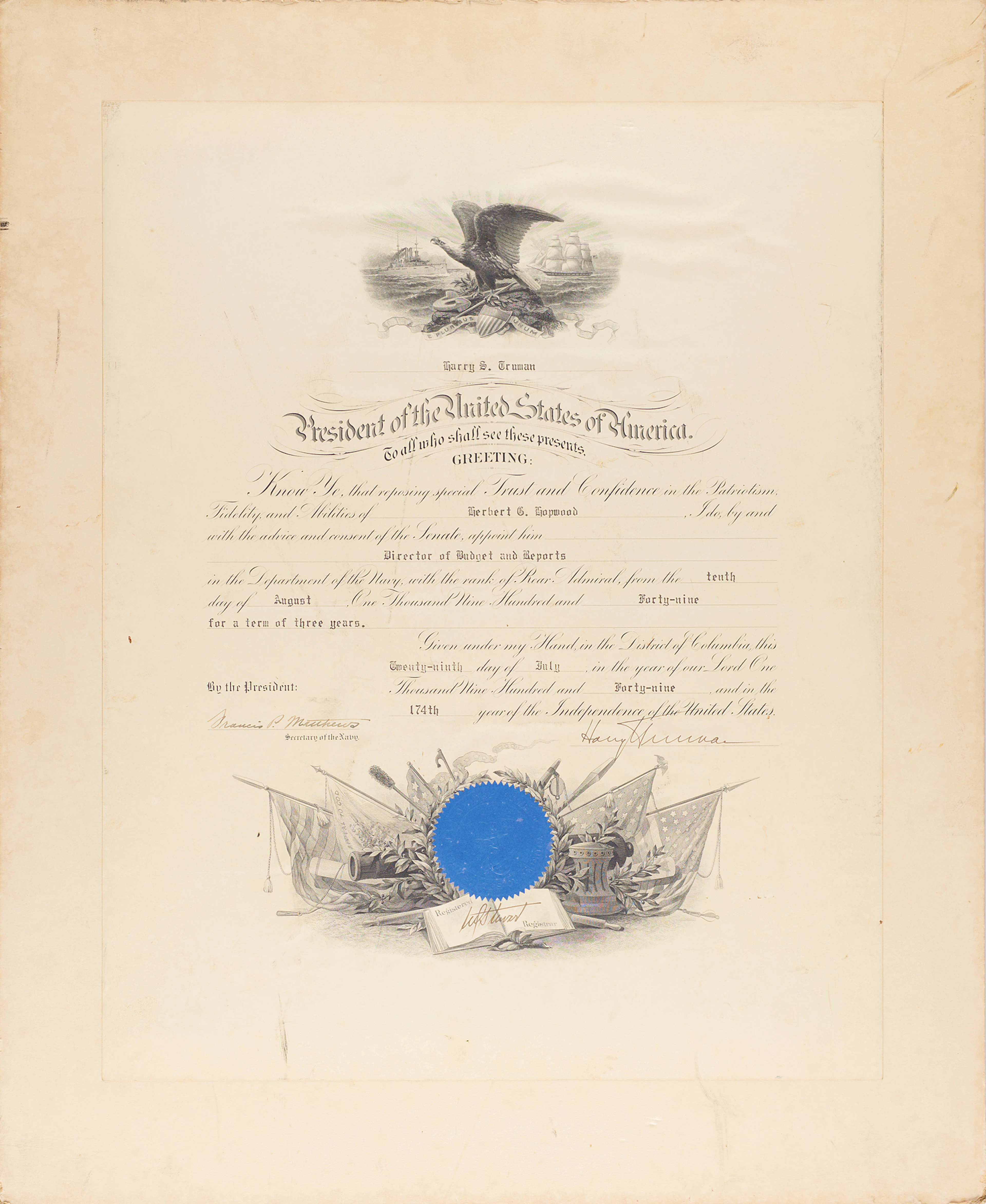 Harry S. Truman Document Signed as President, Appointing the Navy's