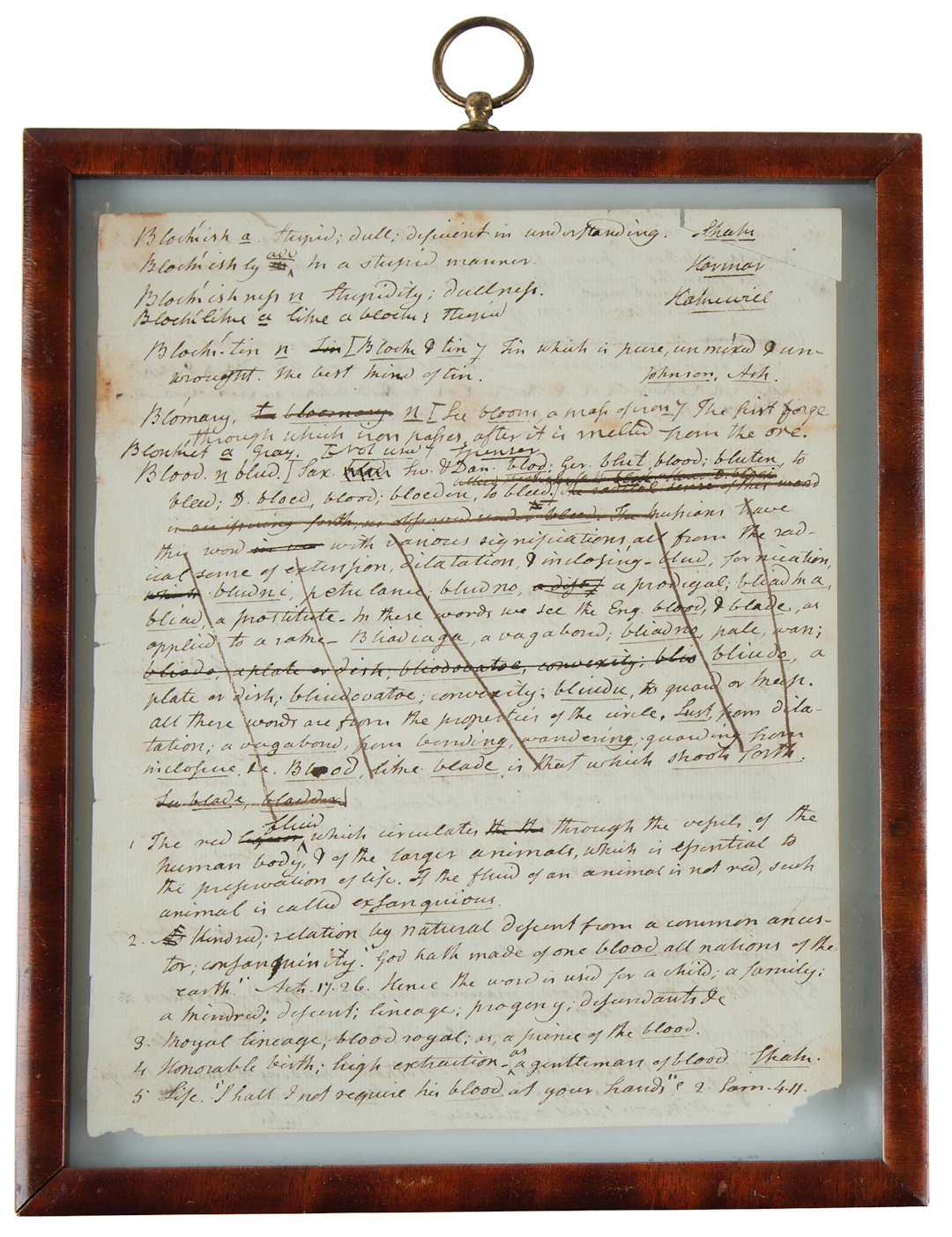 Noah Webster Handwritten Dictionary Draft Page: "Blockish" through "Bloodless"