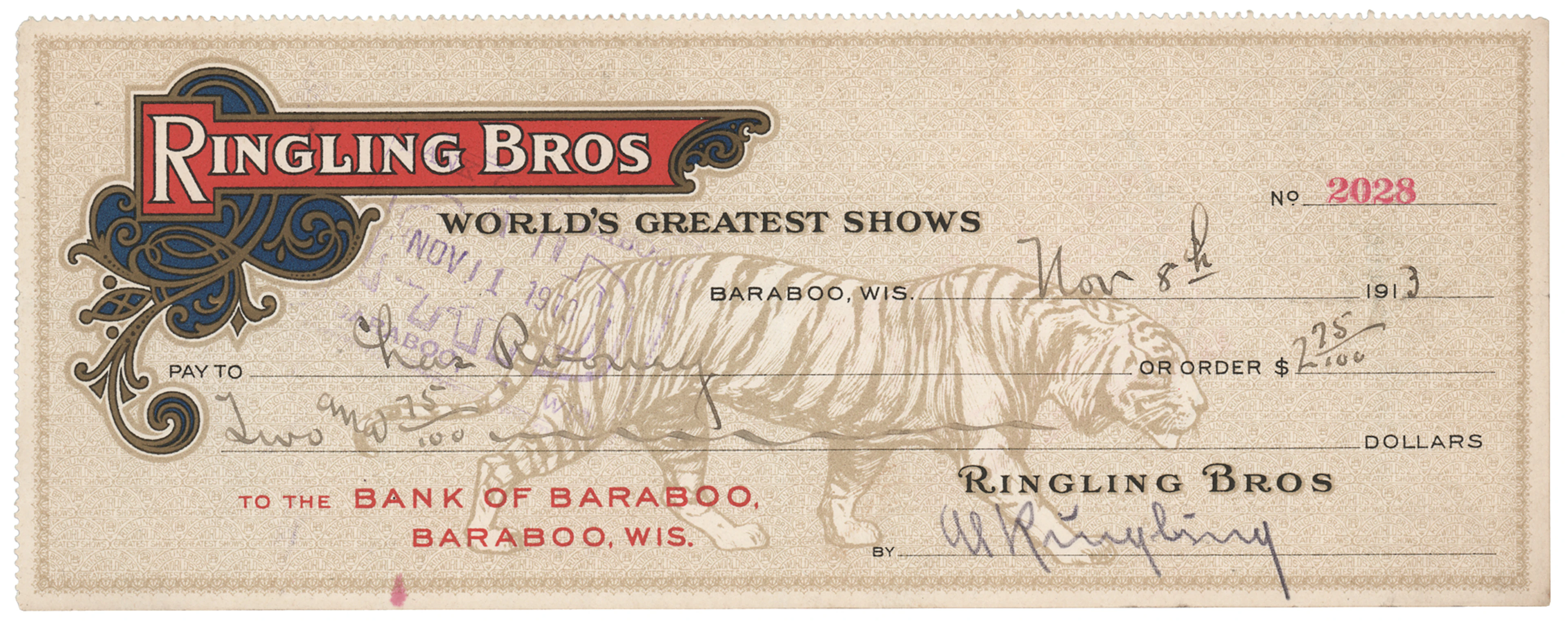 Al Ringling Signed 'Ringling Bros, World's Greatest Shows' Check