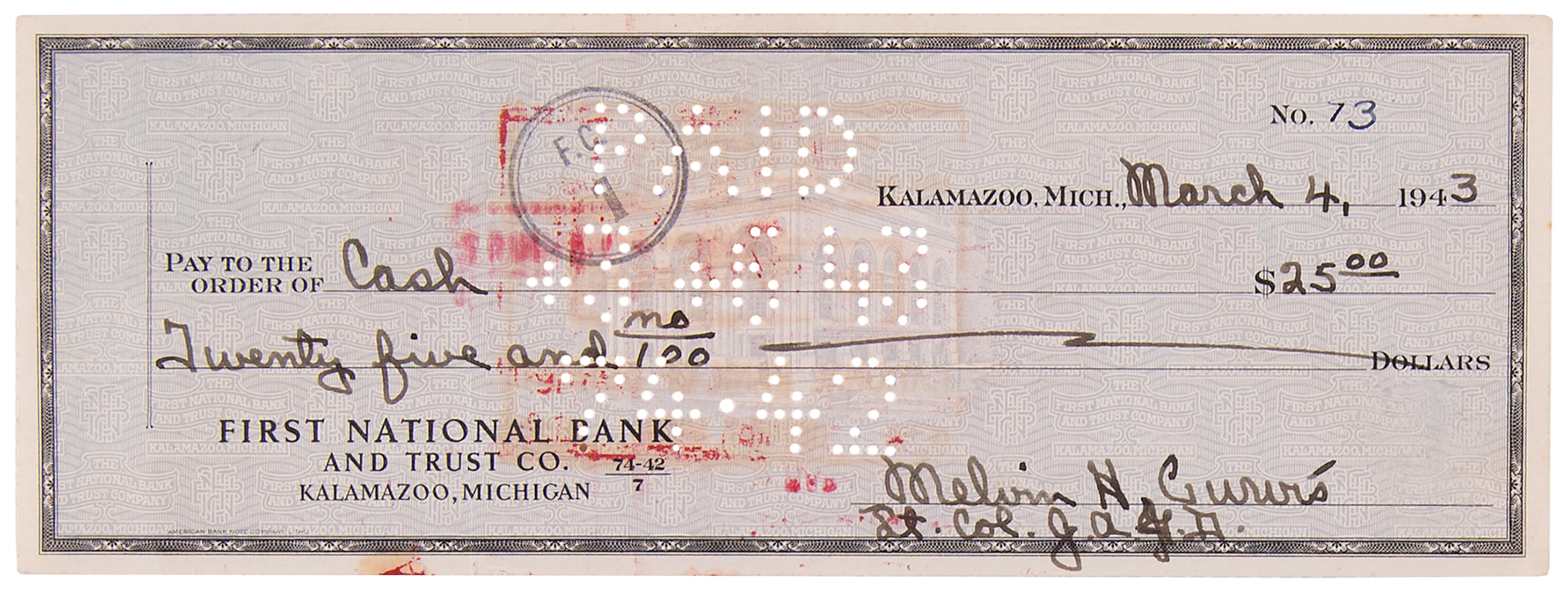 Melvin Purvis Signed Check