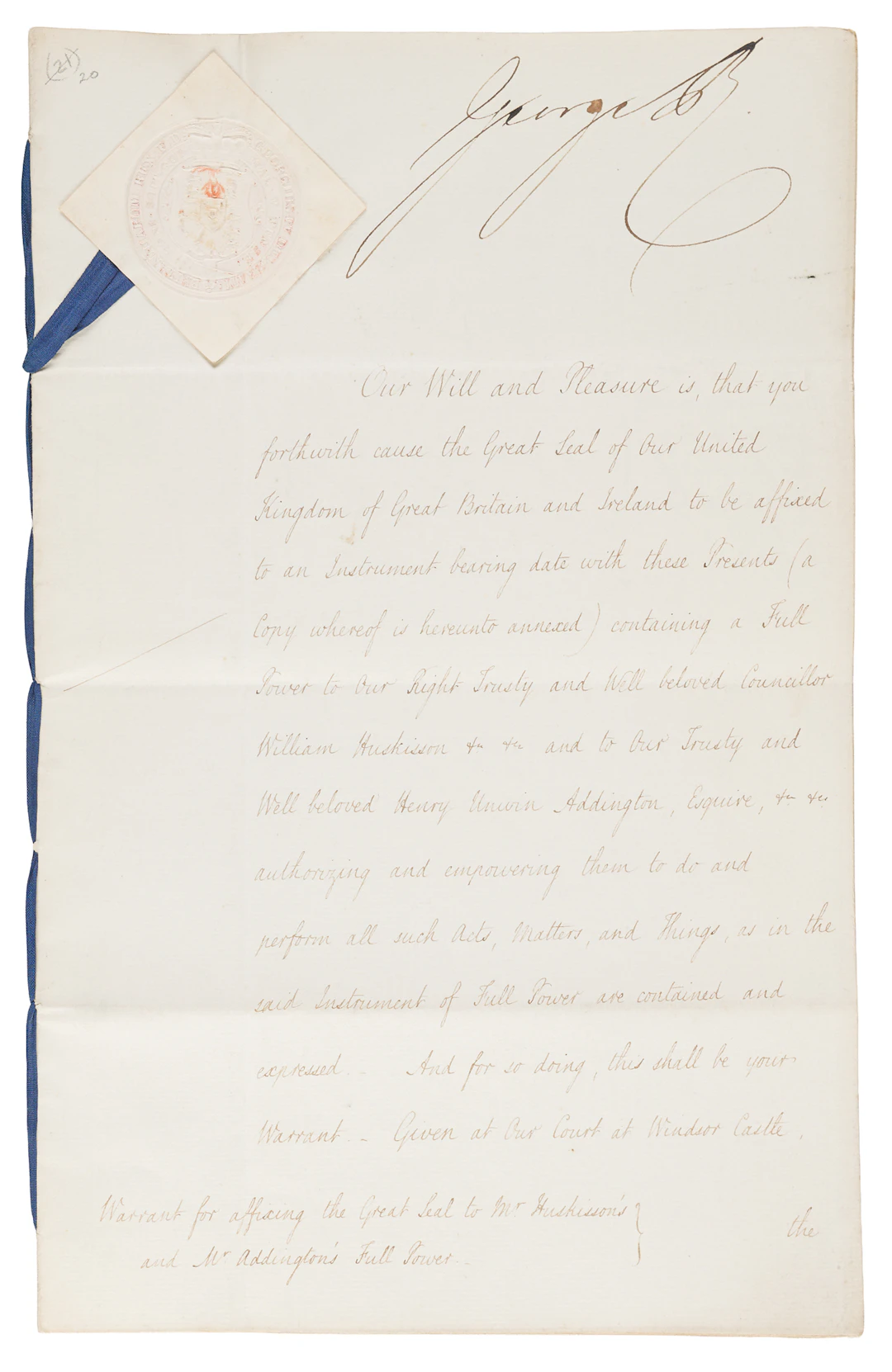 King George IV Document Signed, Authorizing Diplomatic Negotiations