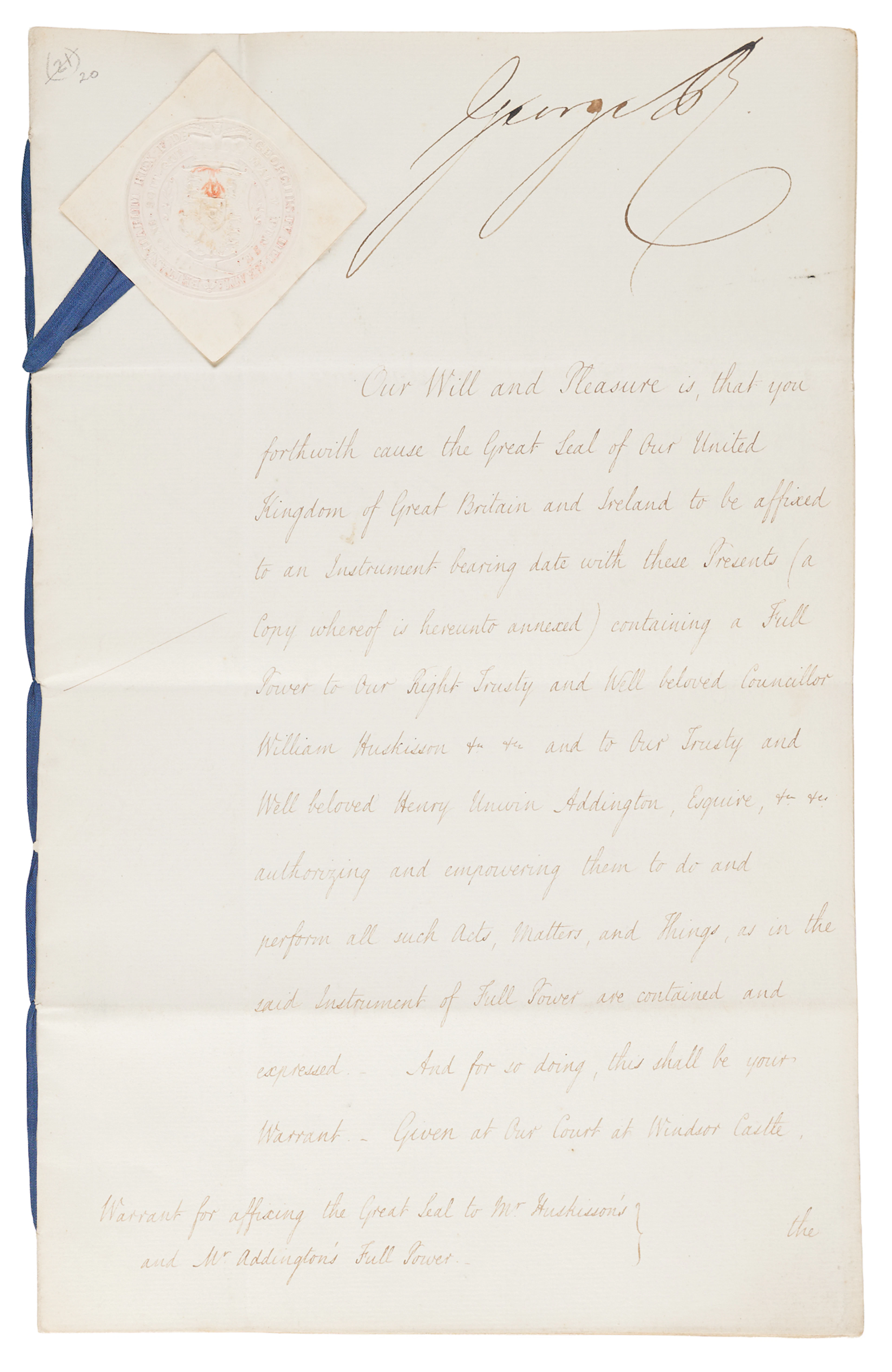 King George IV Document Signed, Authorizing Diplomatic Negotiations