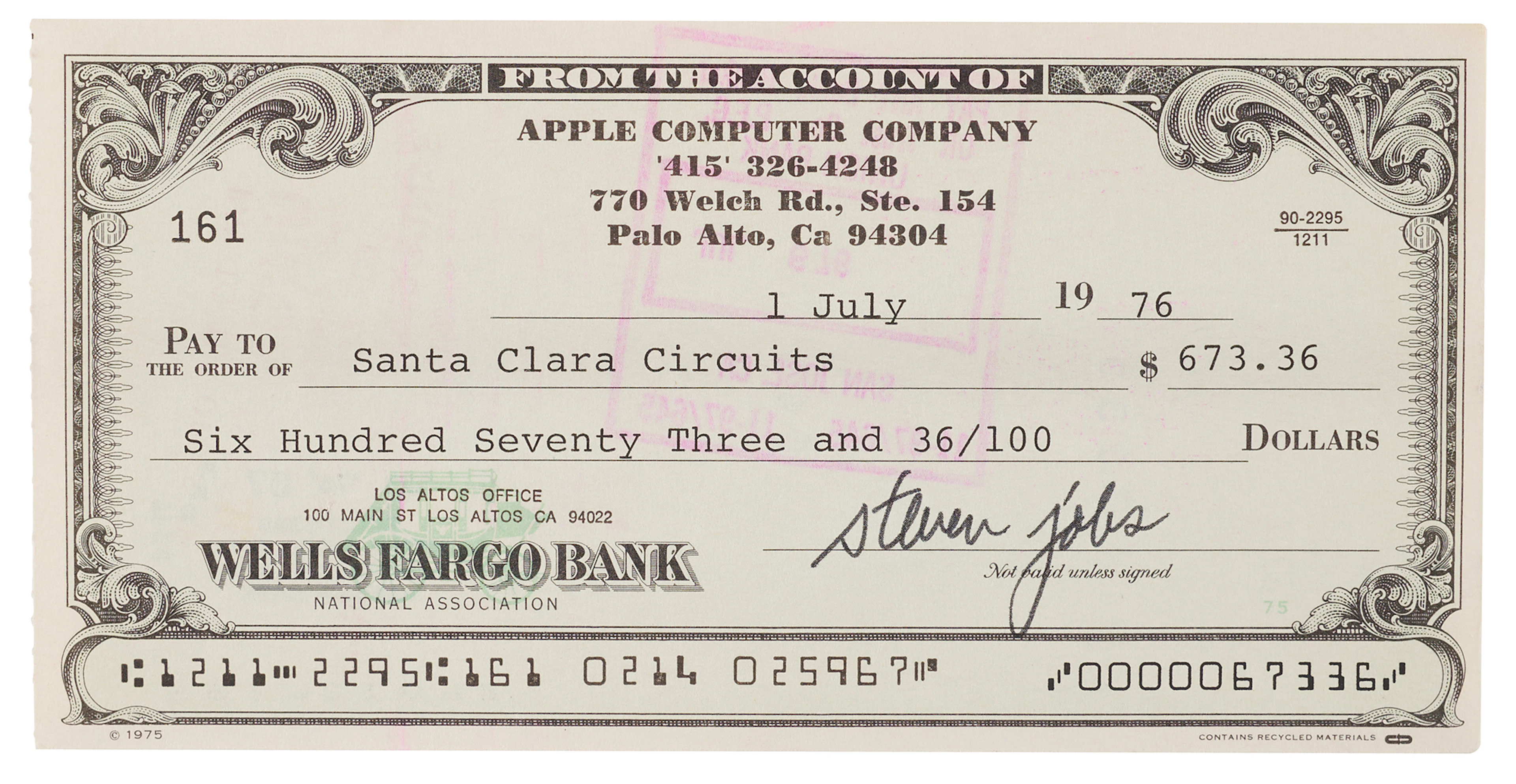 Steve Jobs Signed 1976 Apple Computer Company Check to Santa Clara