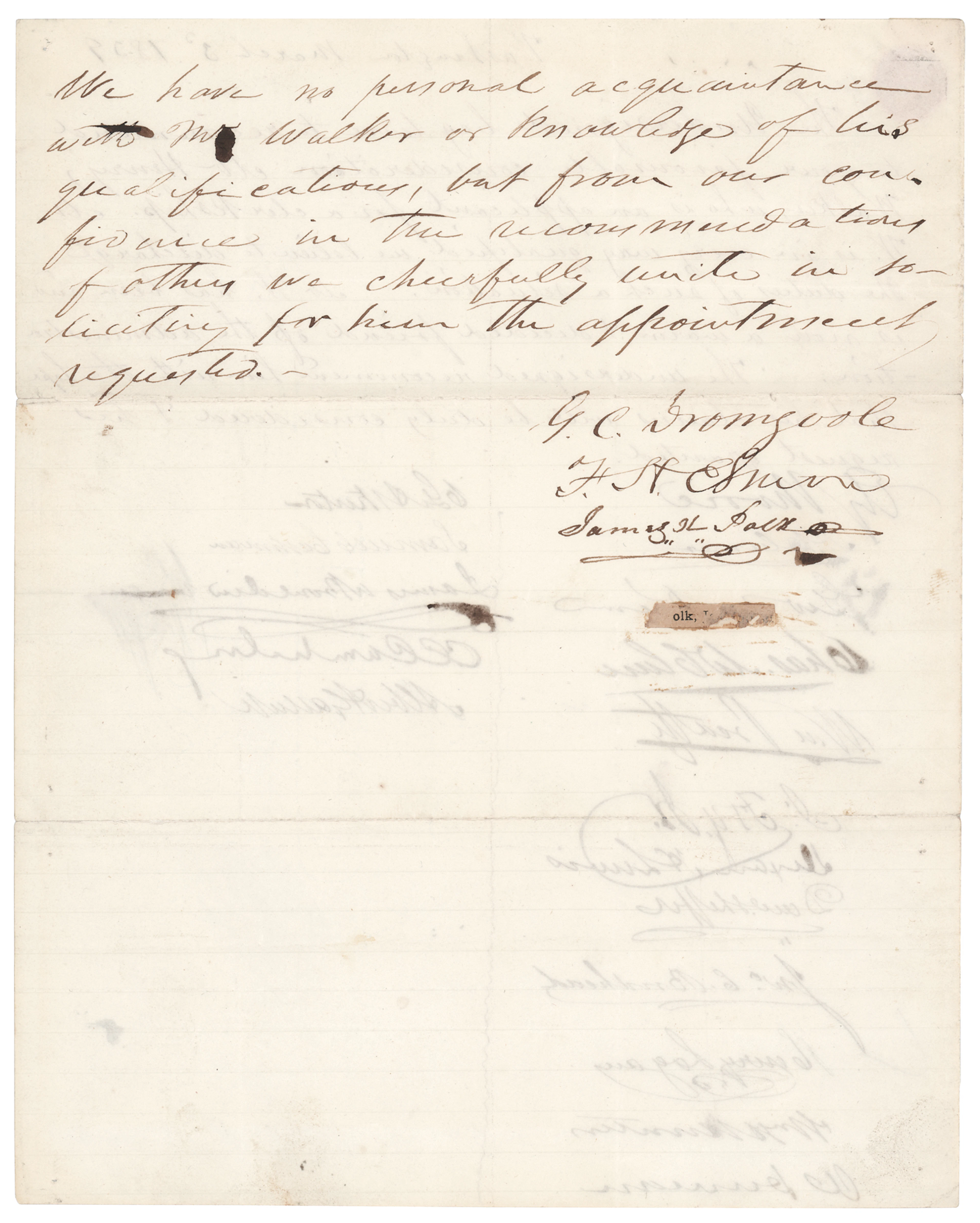 James K. Polk Signed Congressional Recommendation for a Federal Clerkship