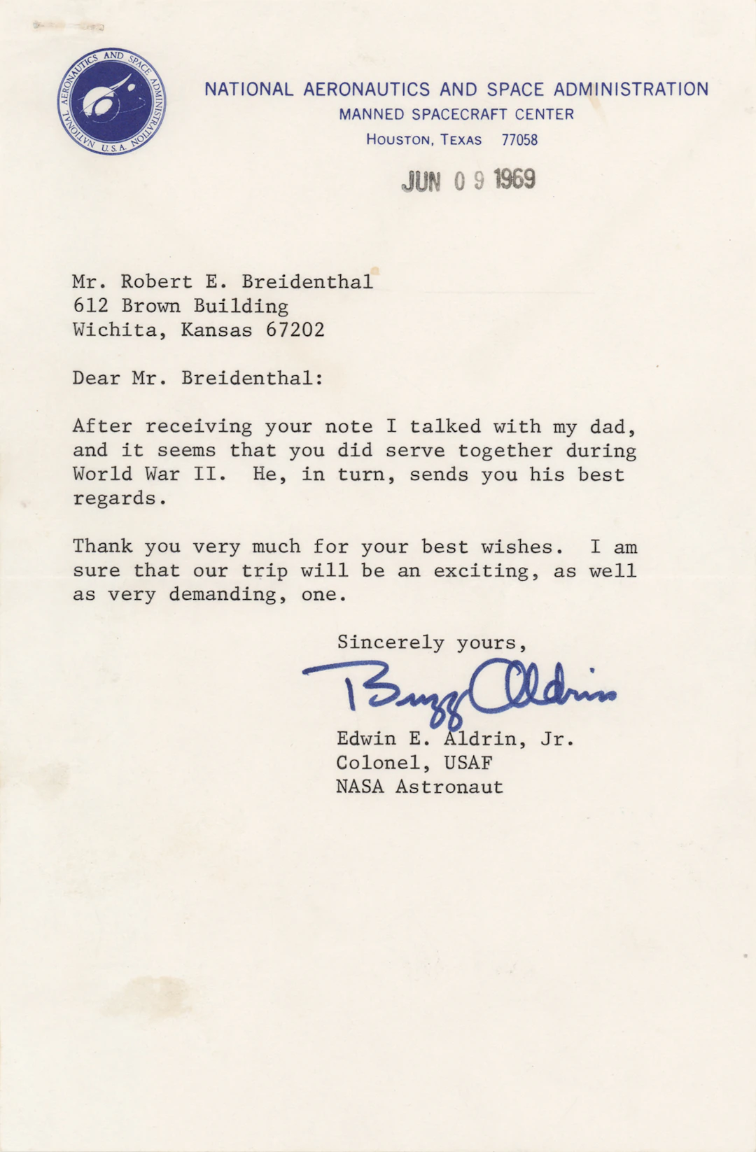 Buzz Aldrin Typed Letter Signed - Five Weeks Before the Launch of Apollo 11