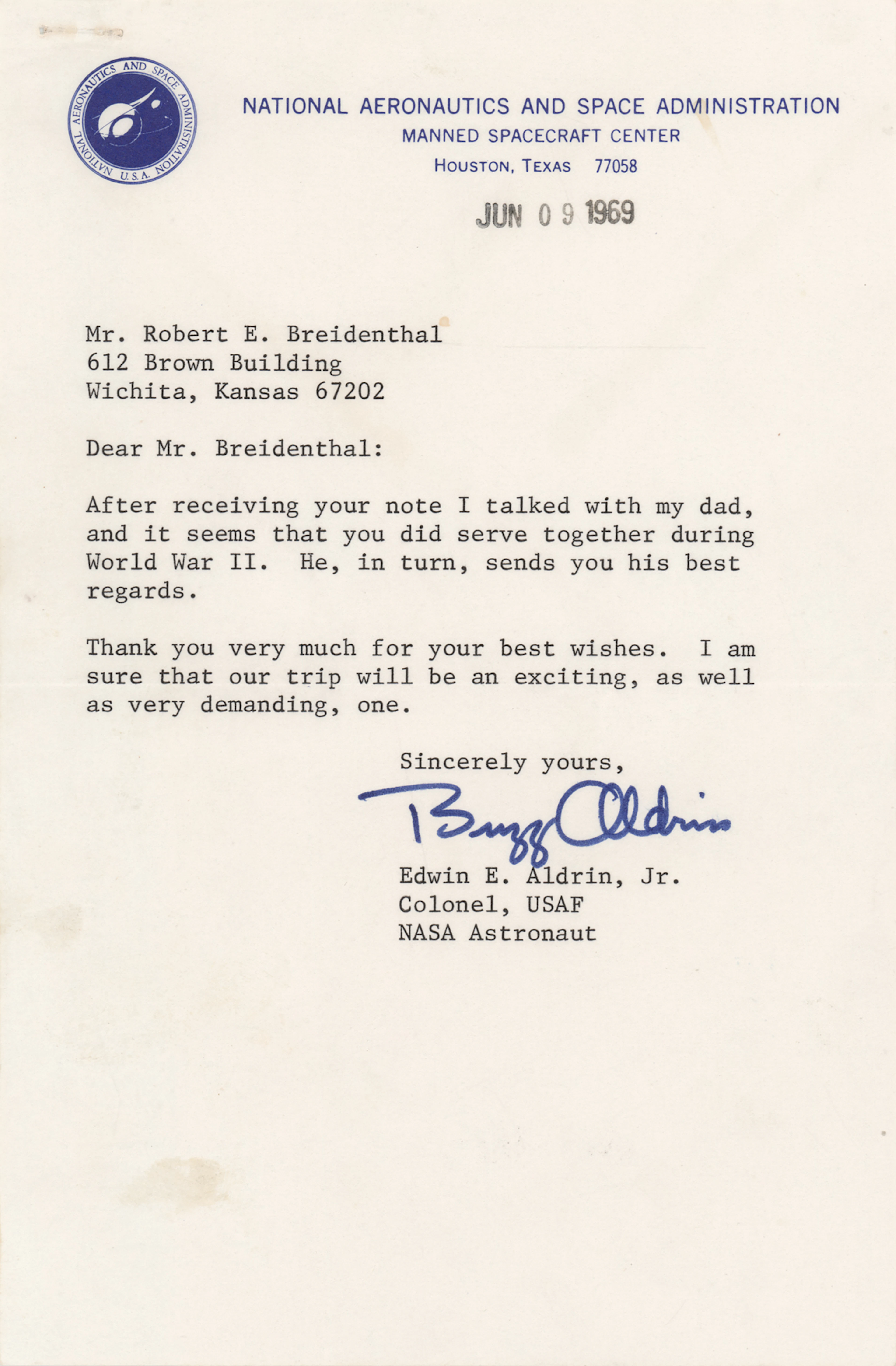 Buzz Aldrin Typed Letter Signed - Five Weeks Before the Launch of Apollo 11