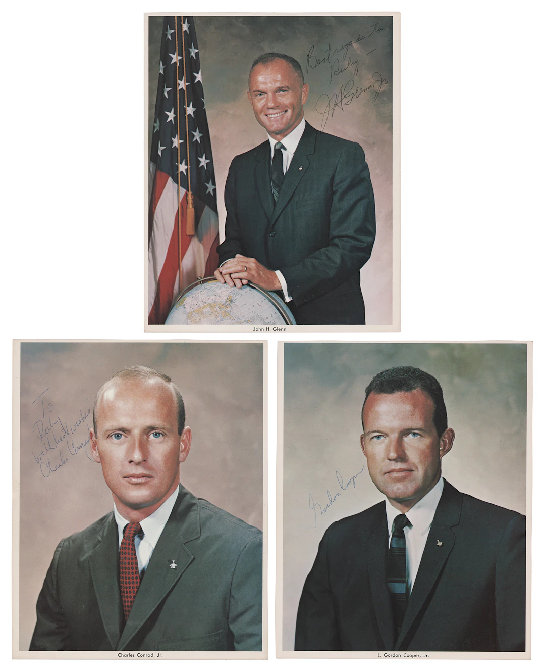 John Glenn, Charles Conrad, and Gordon Cooper (3) Signed Photographs