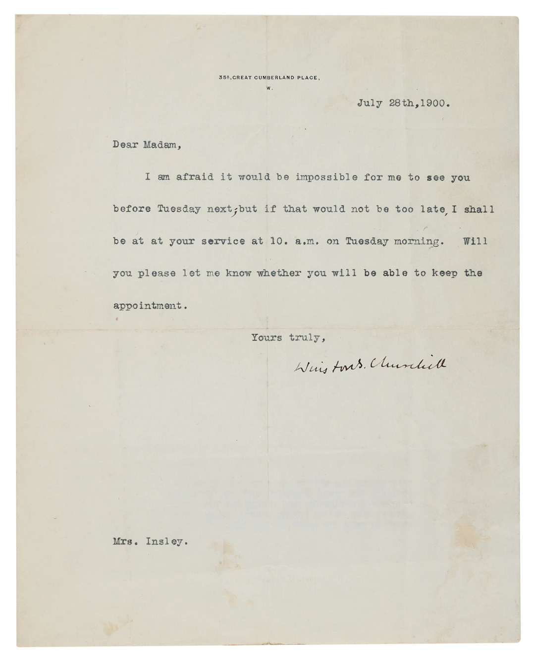 Winston Churchill Typed Letter Signed (1900), Arranging an Interview