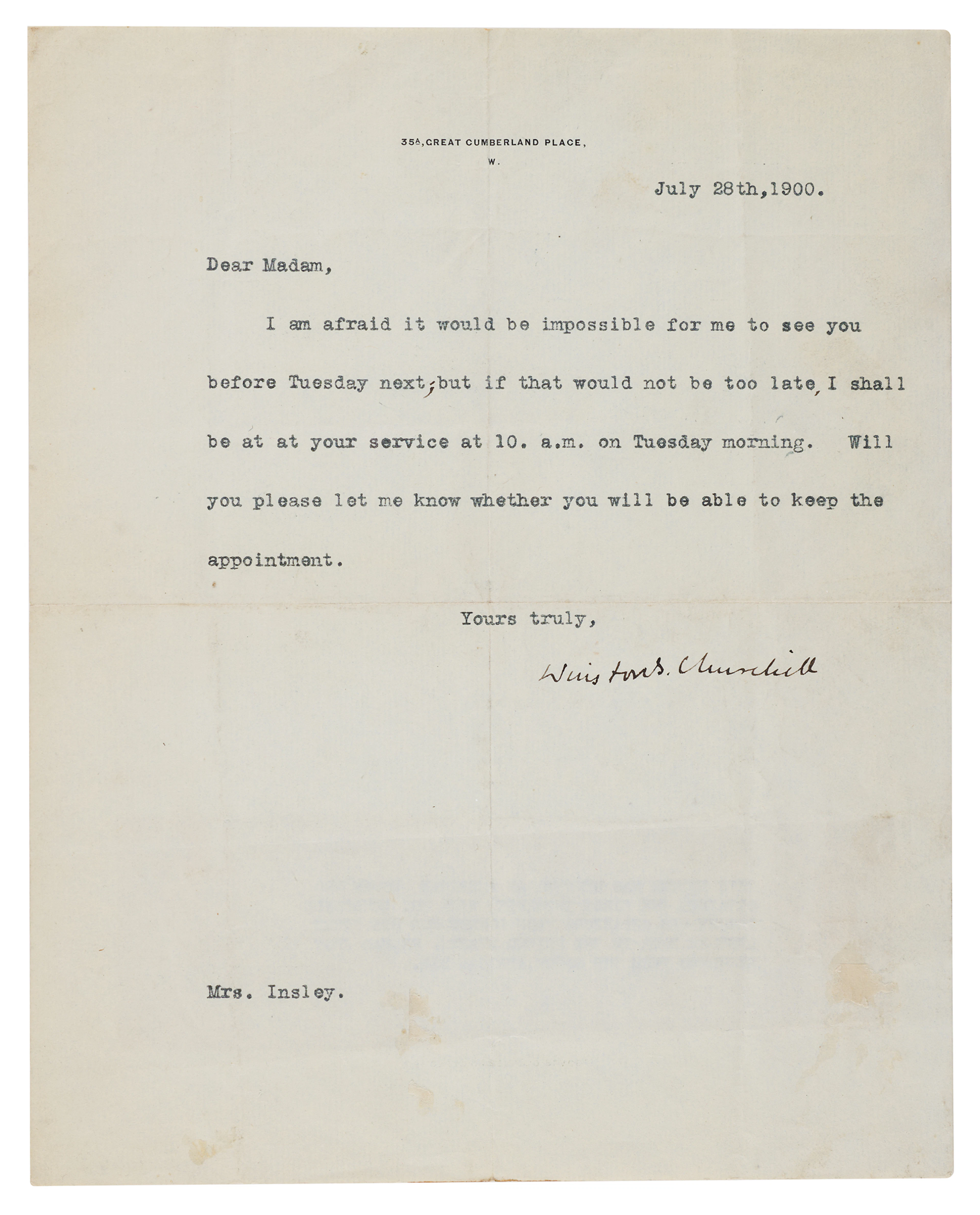 Winston Churchill Typed Letter Signed (1900), Arranging an Interview