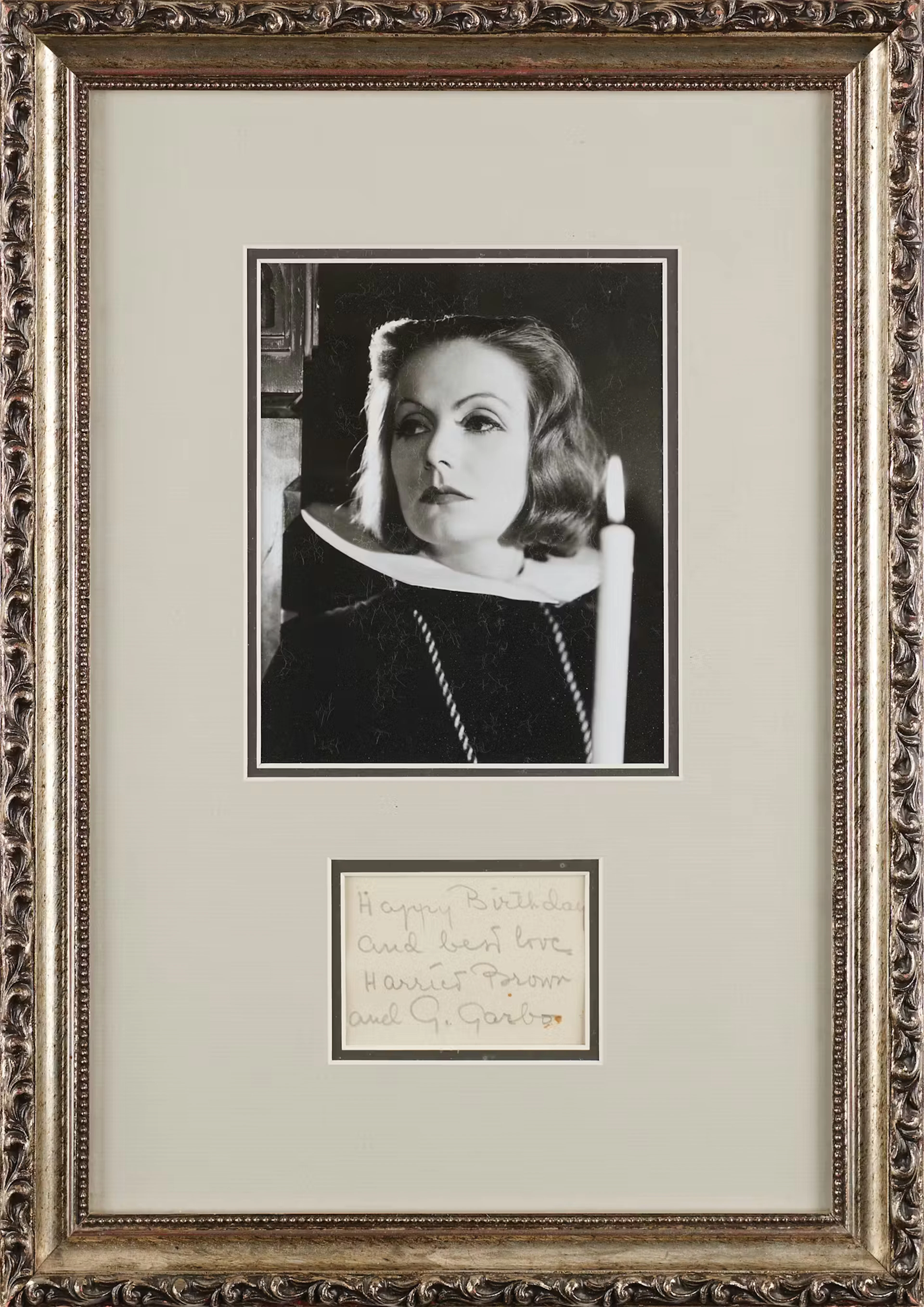 Greta Garbo Signature - "Happy Birthday and best love, Harriet Brown