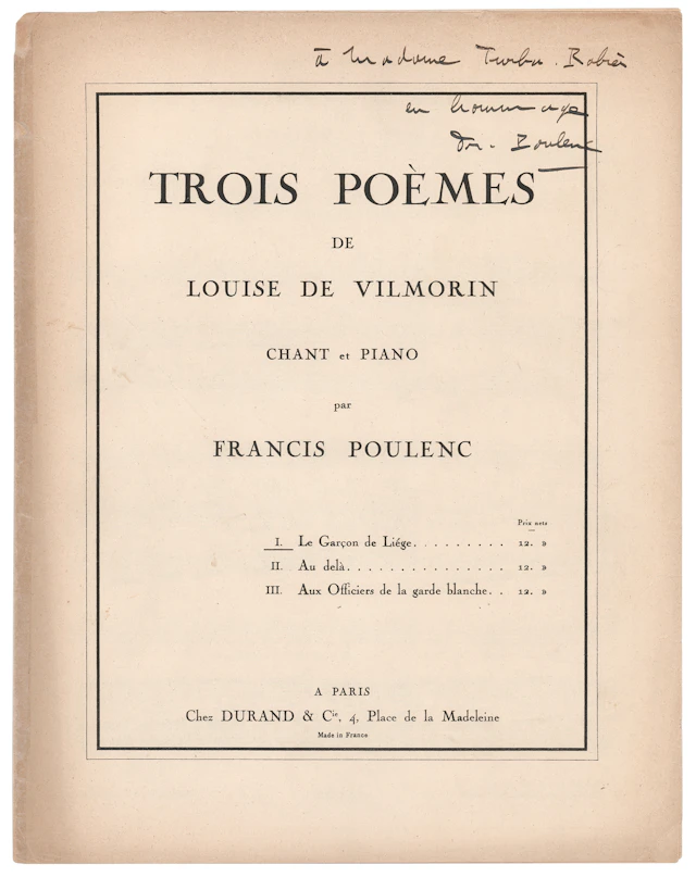 Francis Poulenc Signed 1938 ‘Three Poems of Louise de Vilmorin’ Sheet