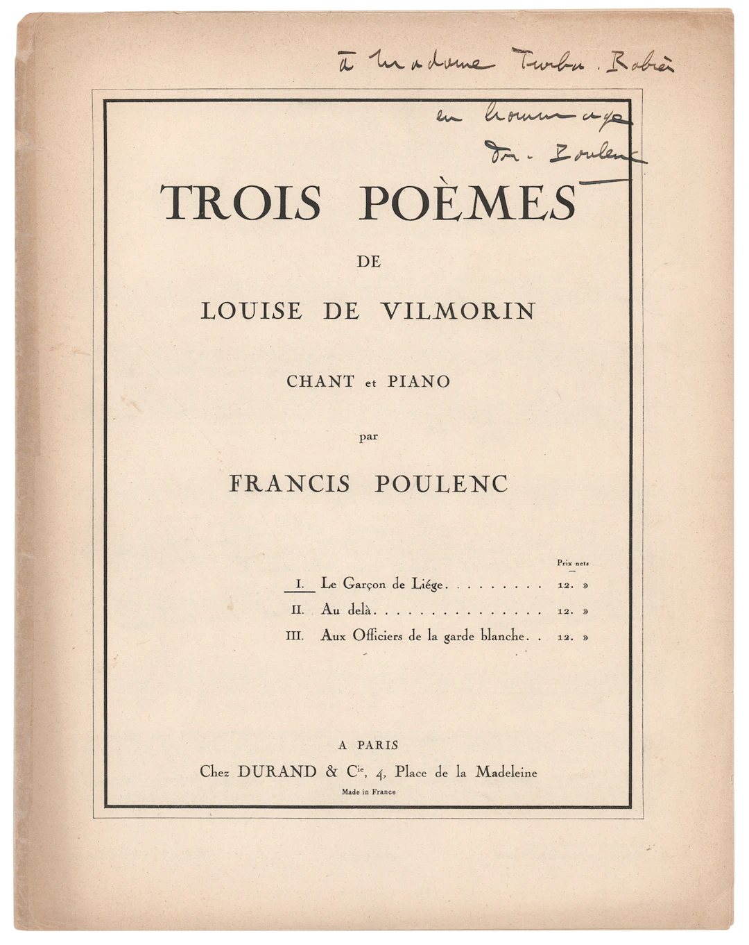 Francis Poulenc Signed 1938 ‘Three Poems of Louise de Vilmorin’ Sheet