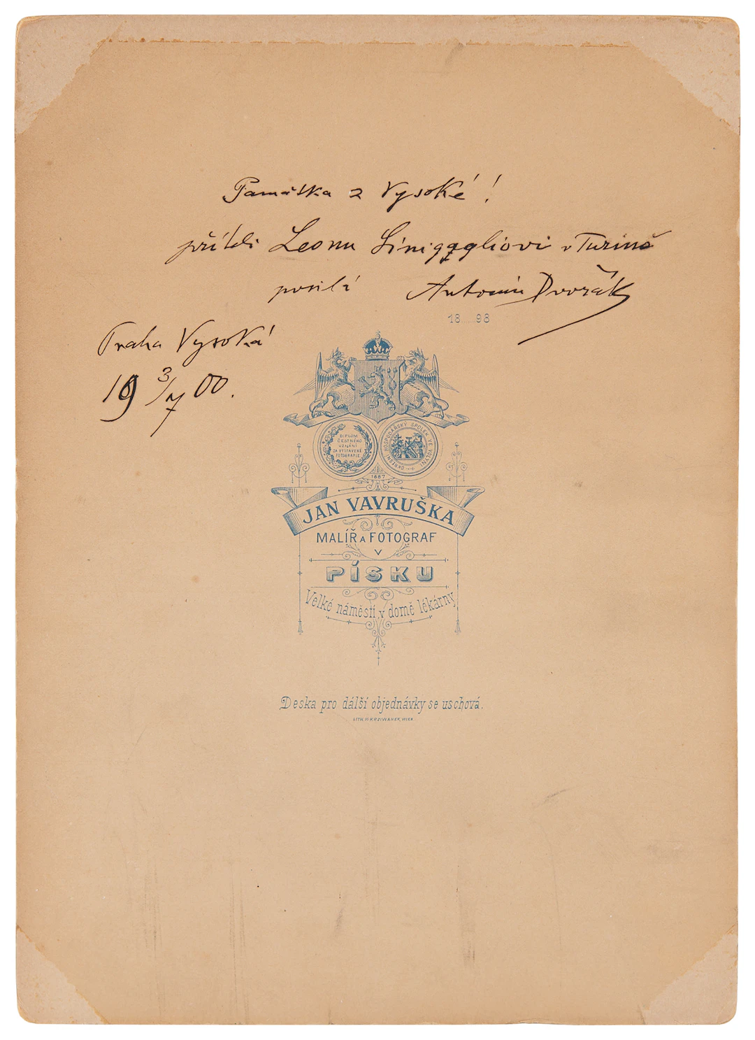 Antonín Dvorak Signed Imperial Cabinet Photograph to Composer Leone Sinigaglia