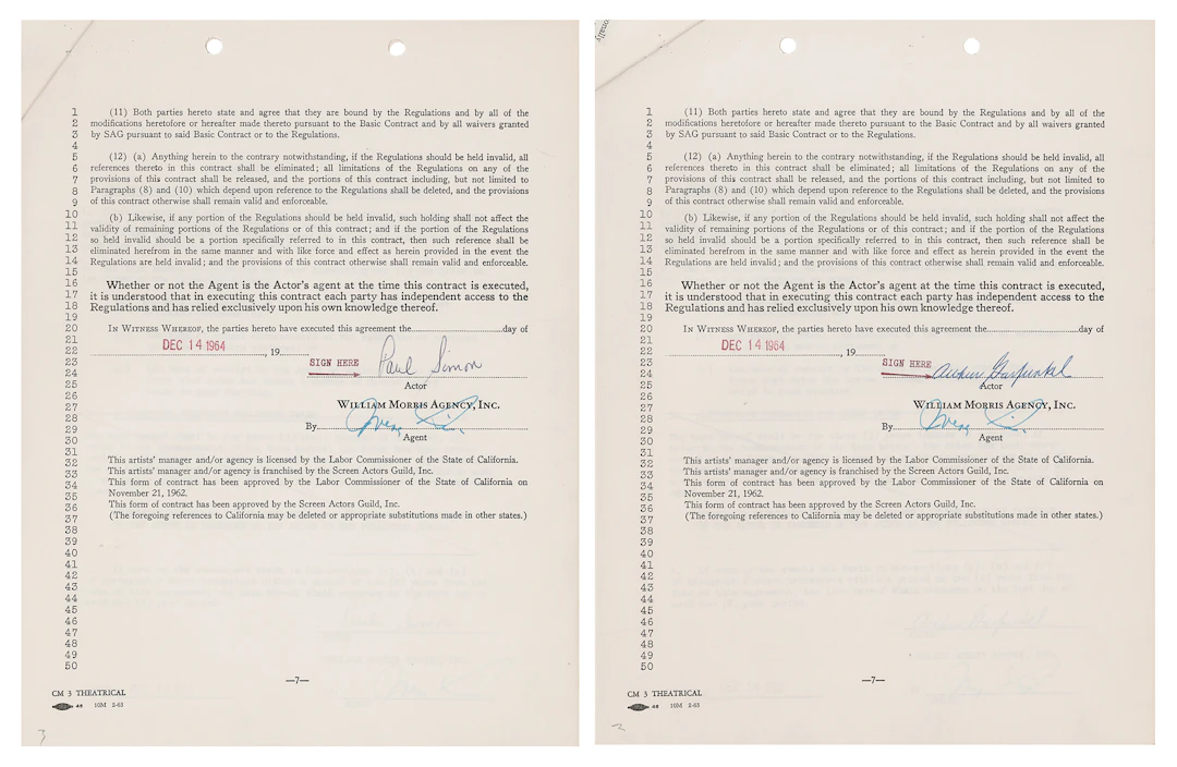 Simon and Garfunkel (2) Early Signed Agency Contracts, Executed Shortly