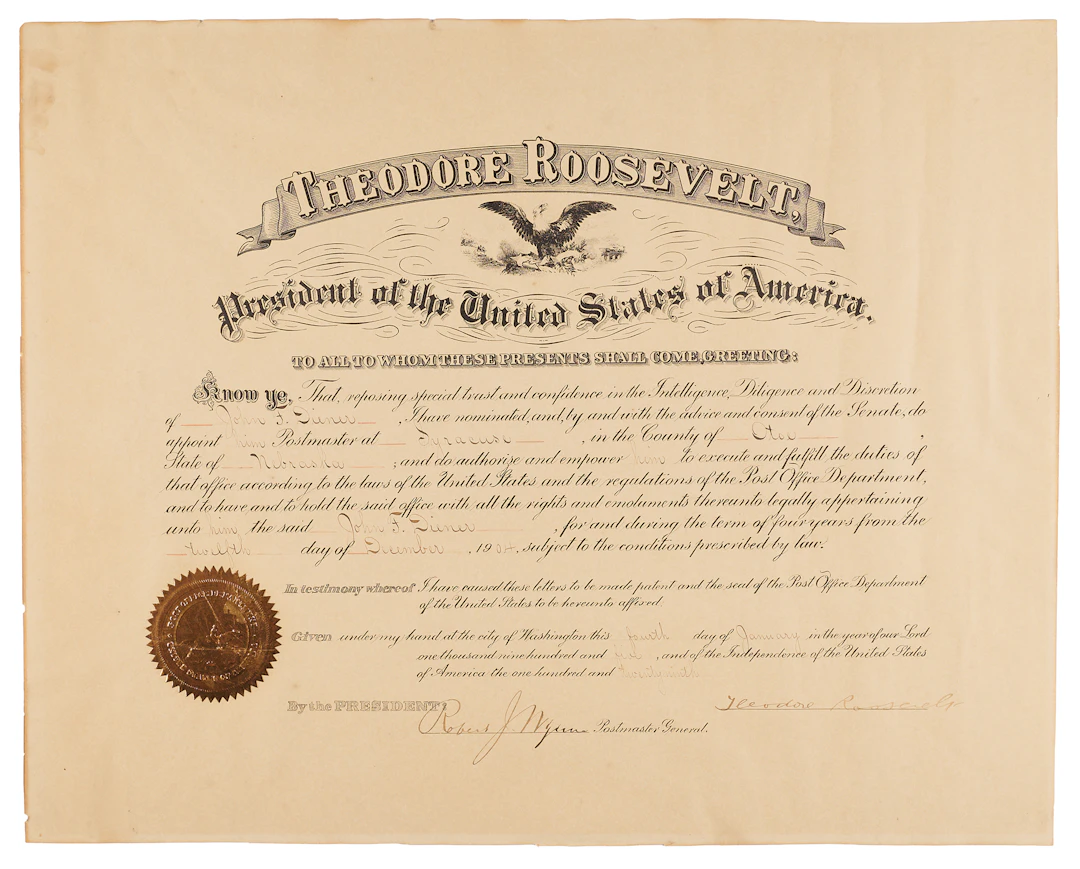 Theodore Roosevelt Document Signed as President, Appointing a Postmaster