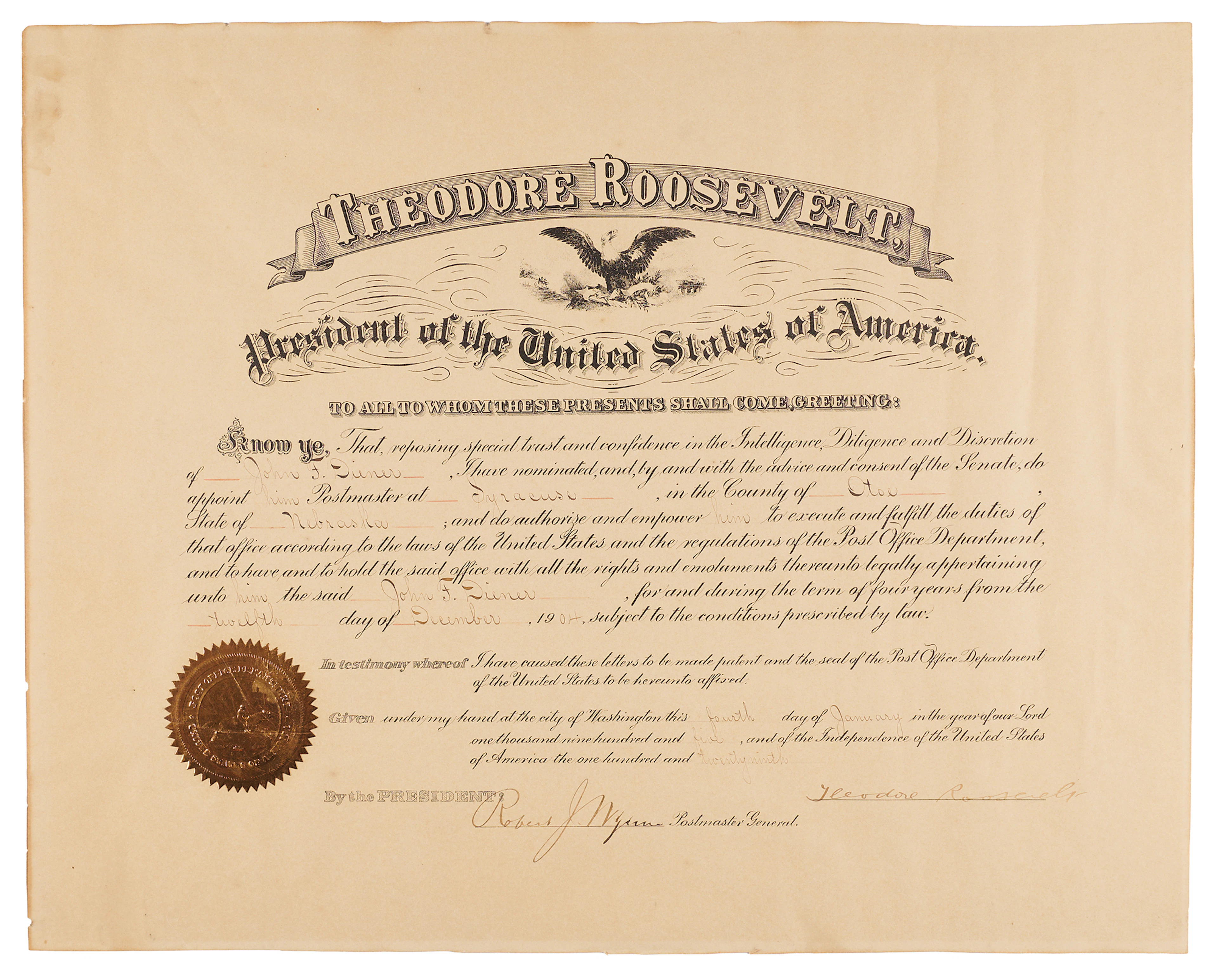 Theodore Roosevelt Document Signed as President, Appointing a Postmaster