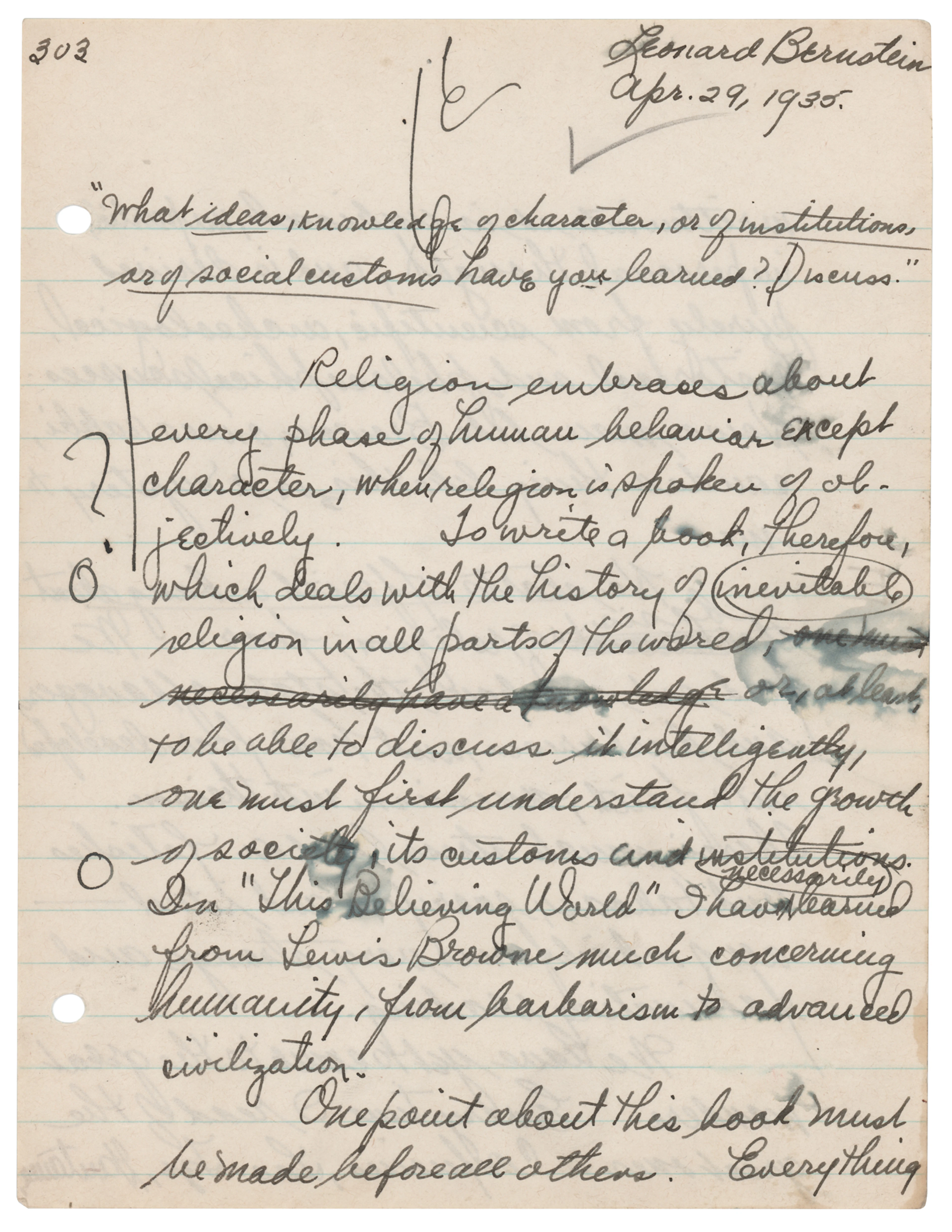 Leonard Bernstein Twice-Signed Autograph Manuscript on Religion: "The