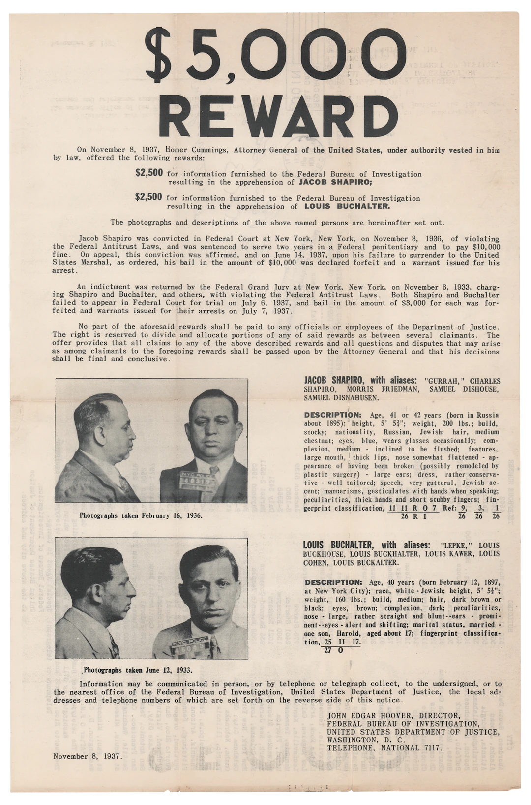 Murder, Inc. Bosses: Louis 'Lepke' Buchalter and Jacob Shapiro 1937