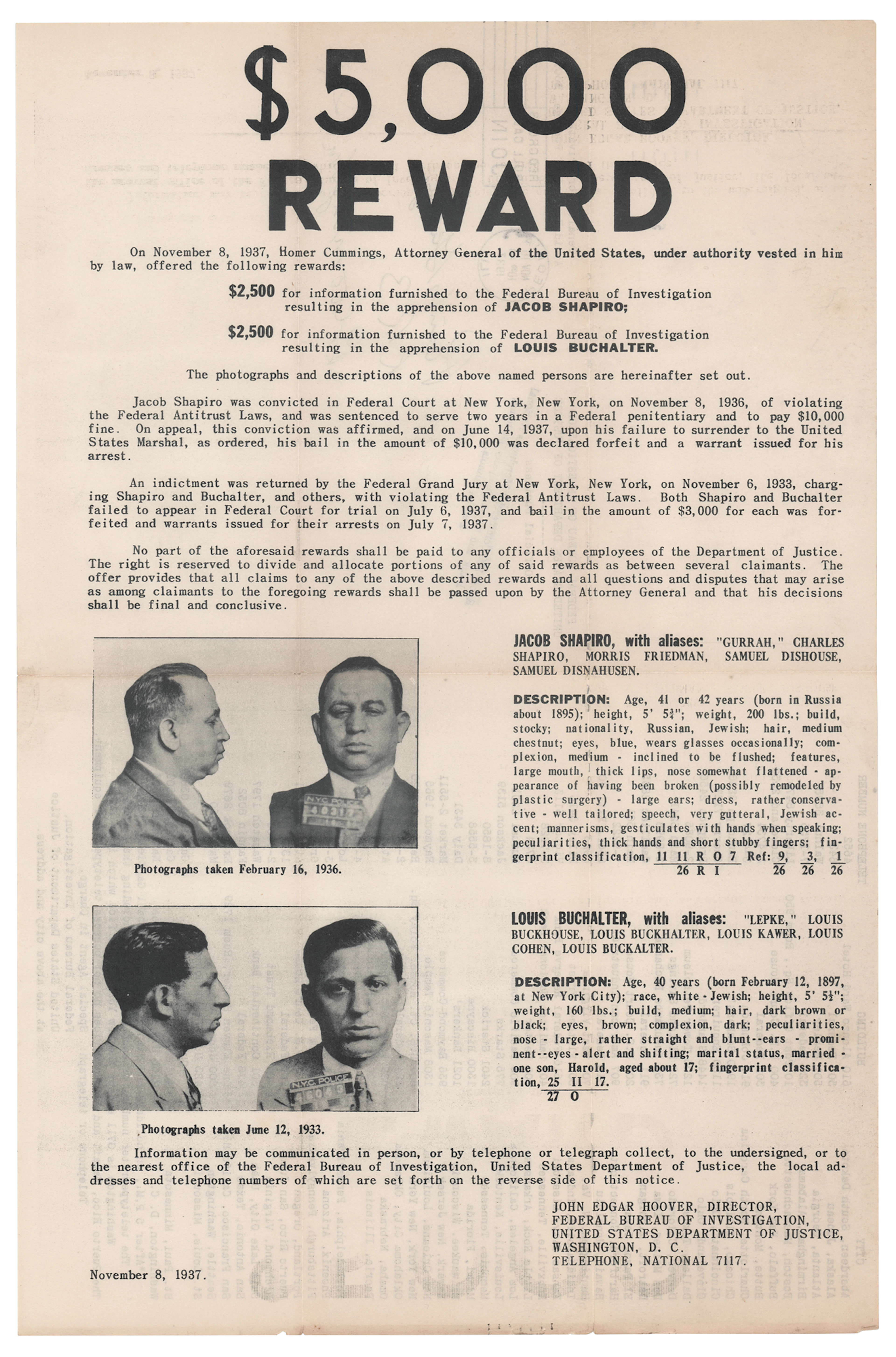 Murder, Inc. Bosses: Louis 'Lepke' Buchalter and Jacob Shapiro 1937