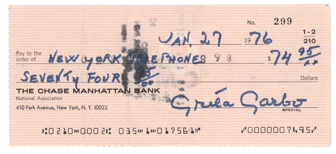 Greta Garbo Signed Check