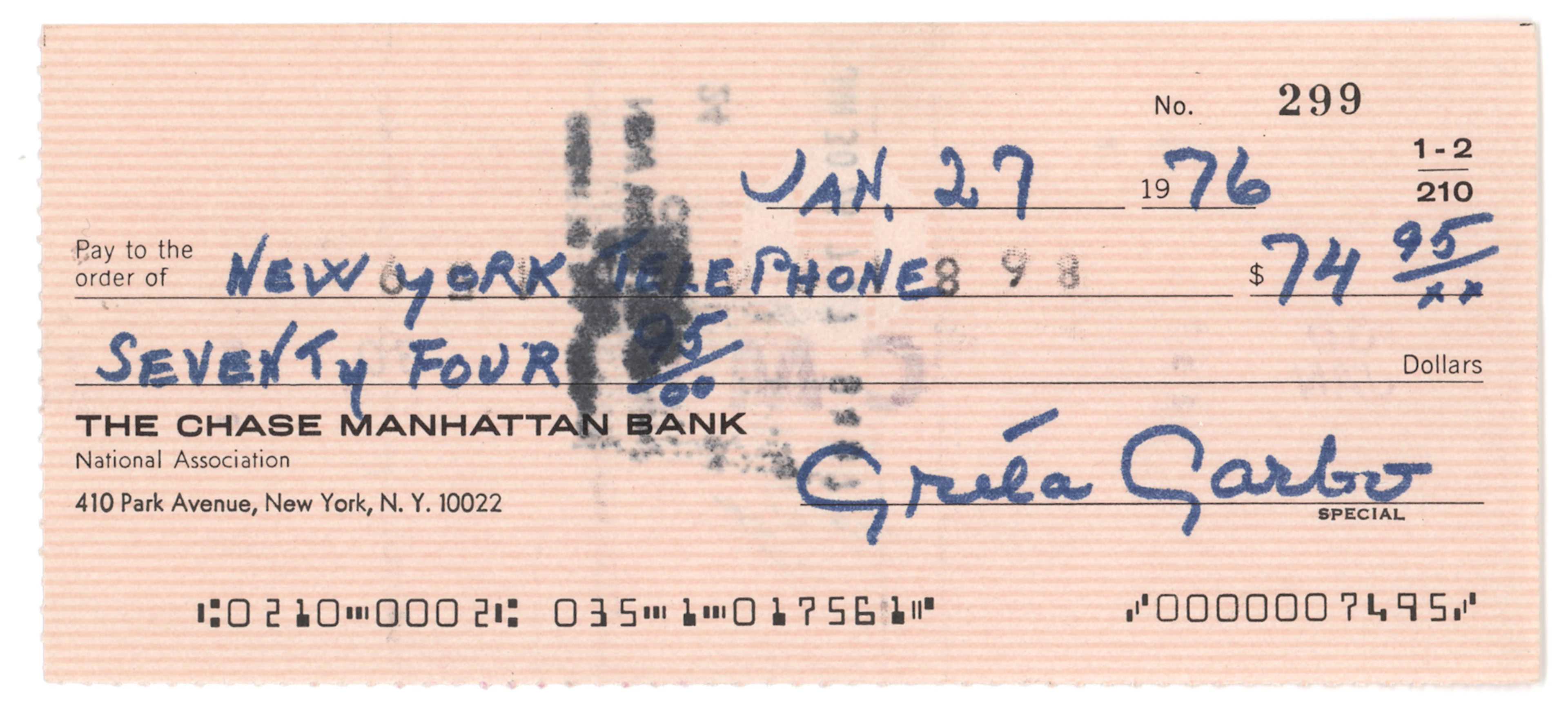 Greta Garbo Signed Check