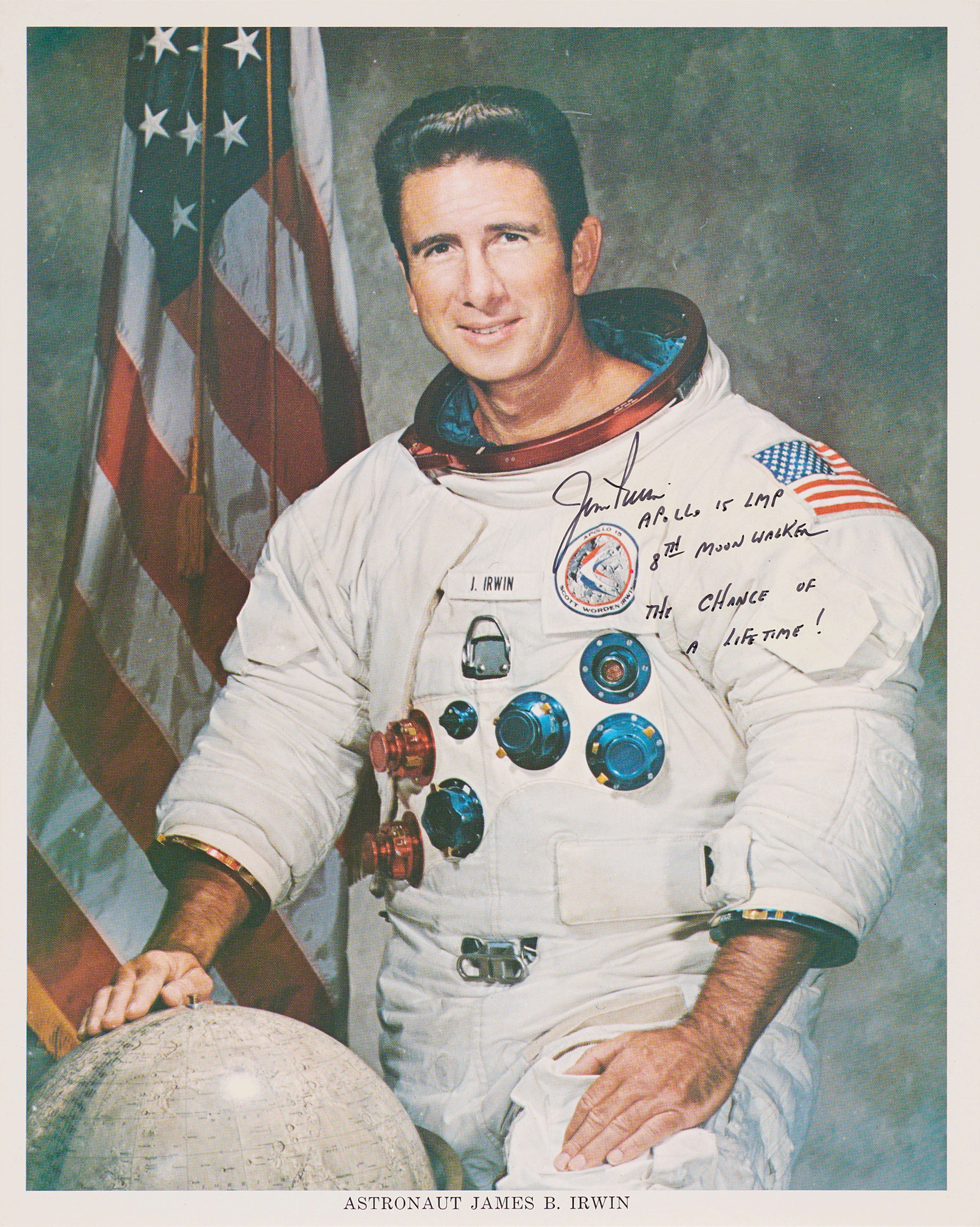 Jim Irwin Signed Photograph - Rare 'White Space Suit' Litho, "The