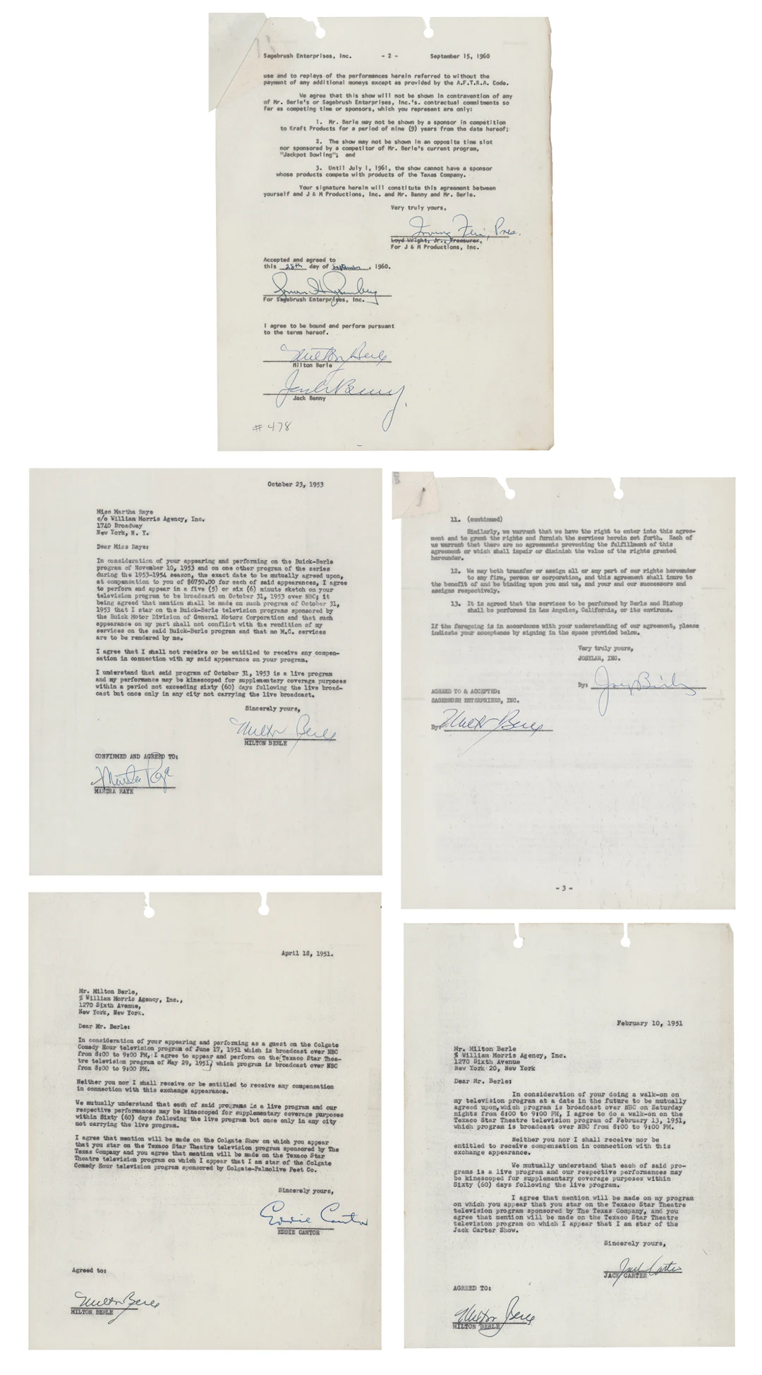 Milton Berle Lot of (5) Five Dual-Signed Television Agreements, With