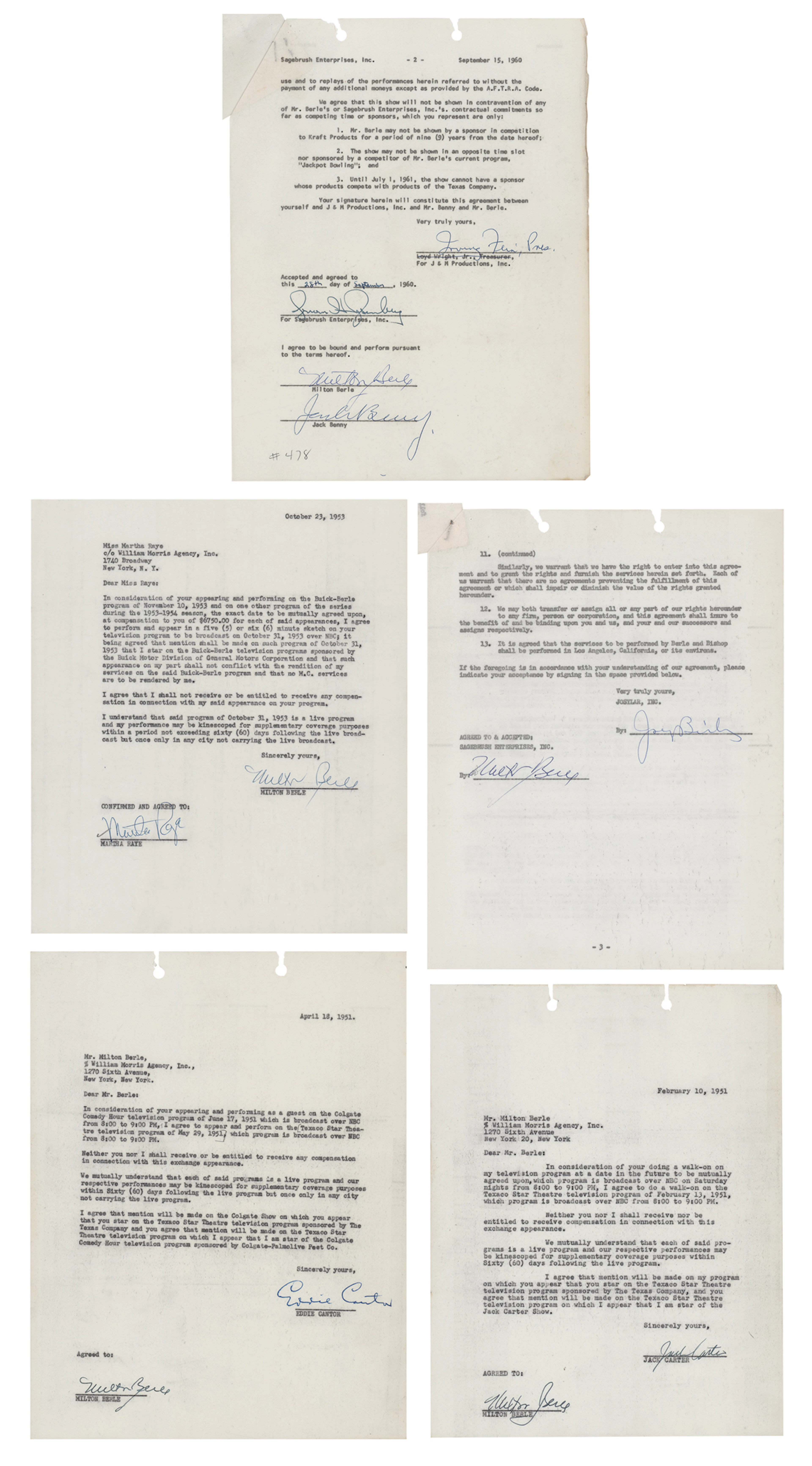 Milton Berle Lot of (5) Five Dual-Signed Television Agreements, With