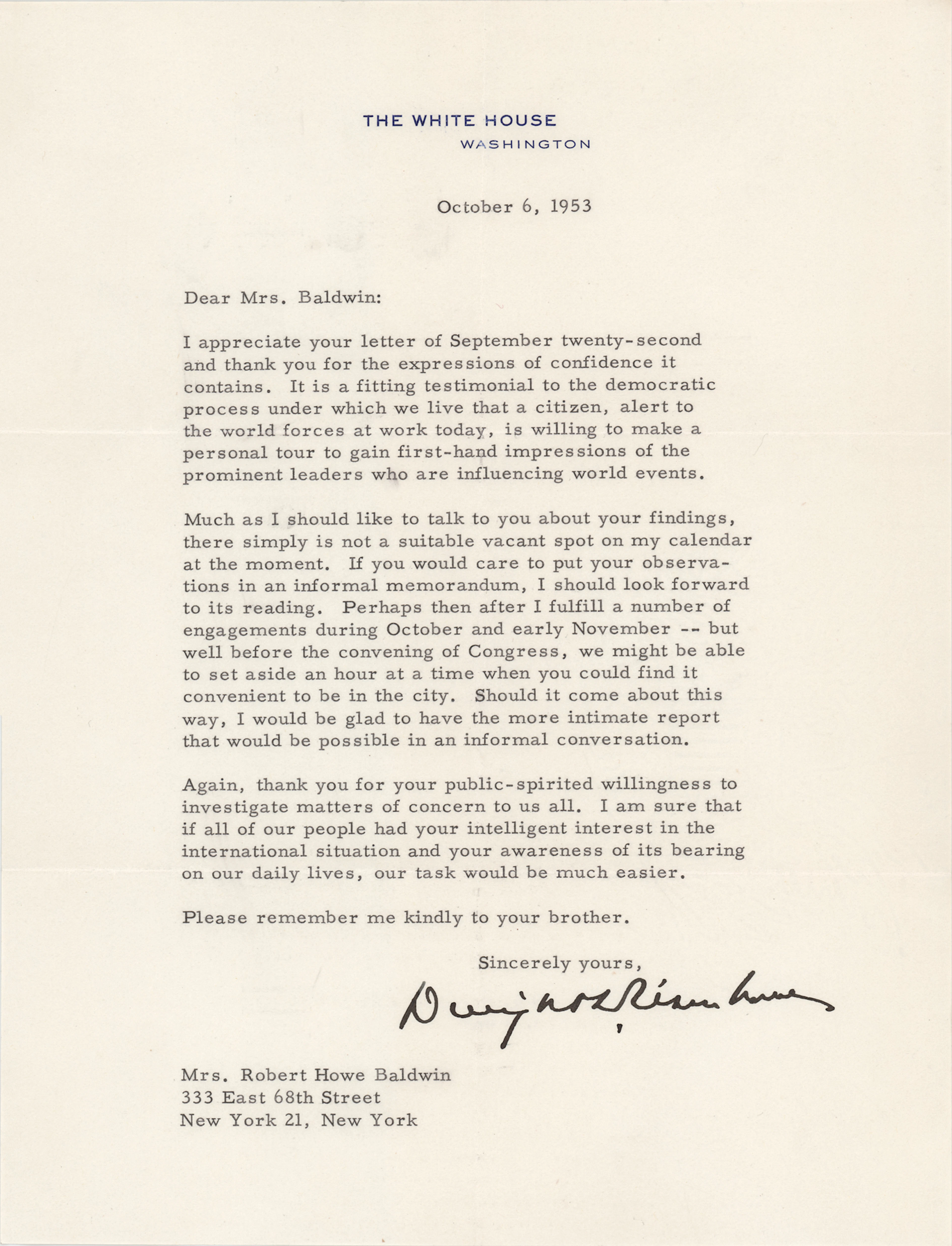 Dwight D. Eisenhower Typed Letter Signed as President on a Citizen's