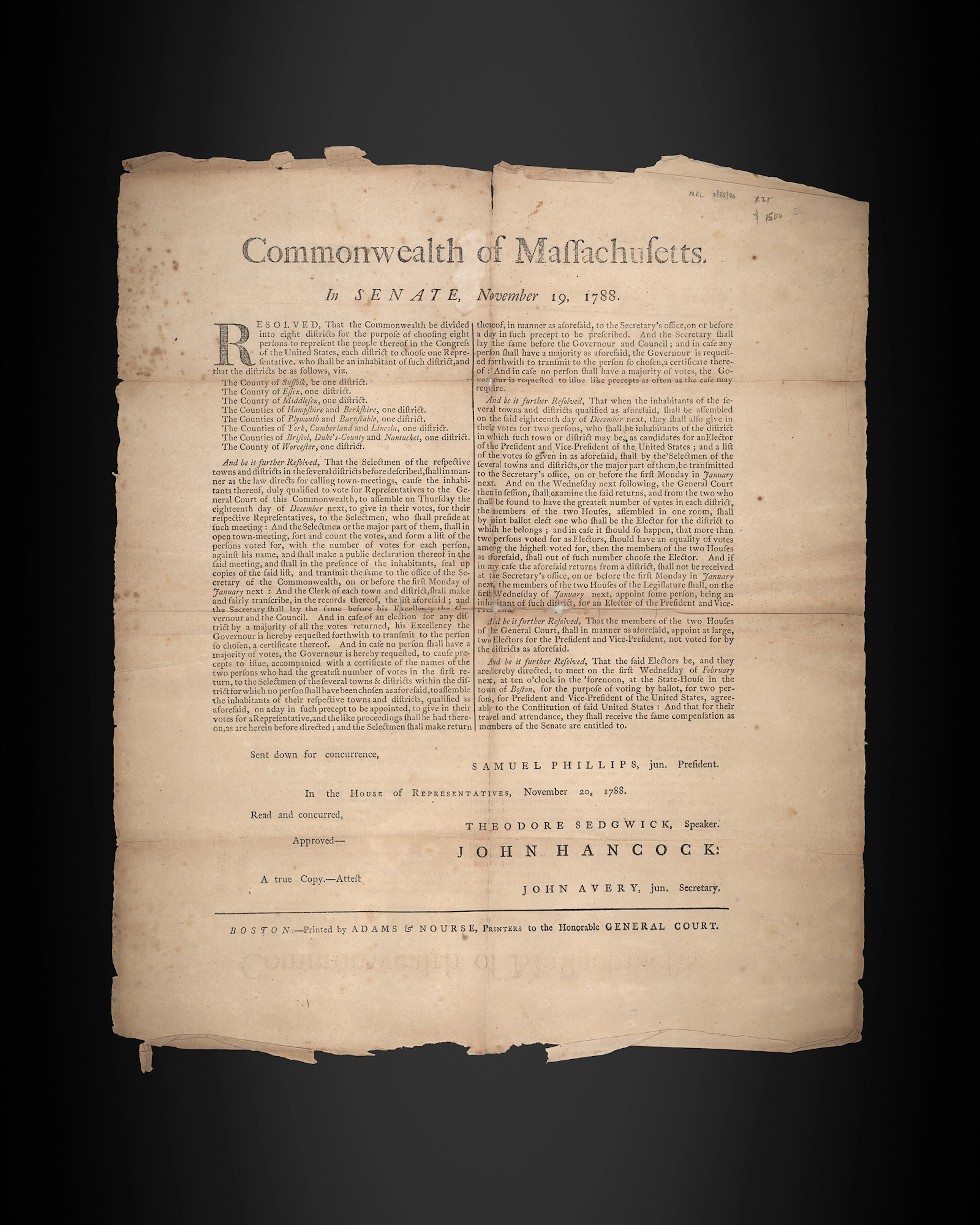 John Hancock Broadside for the Selection of Massachusetts' Electors