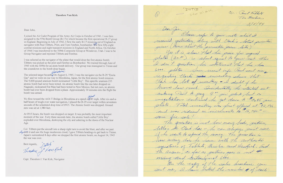 Enola Gay: Theodore 'Dutch' Van Kirk (2) Signed Letters
