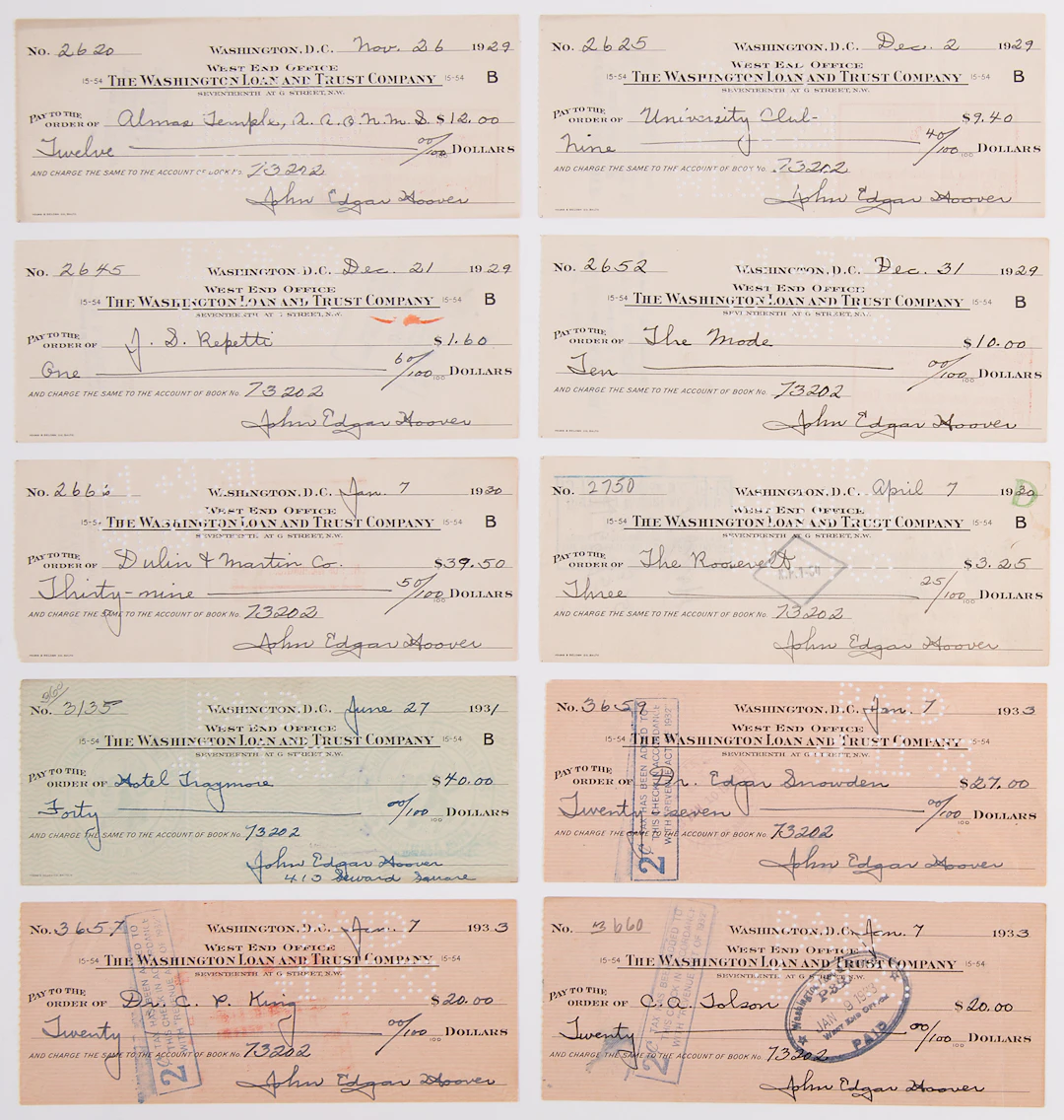 J. Edgar Hoover Collection of (10) Signed Checks