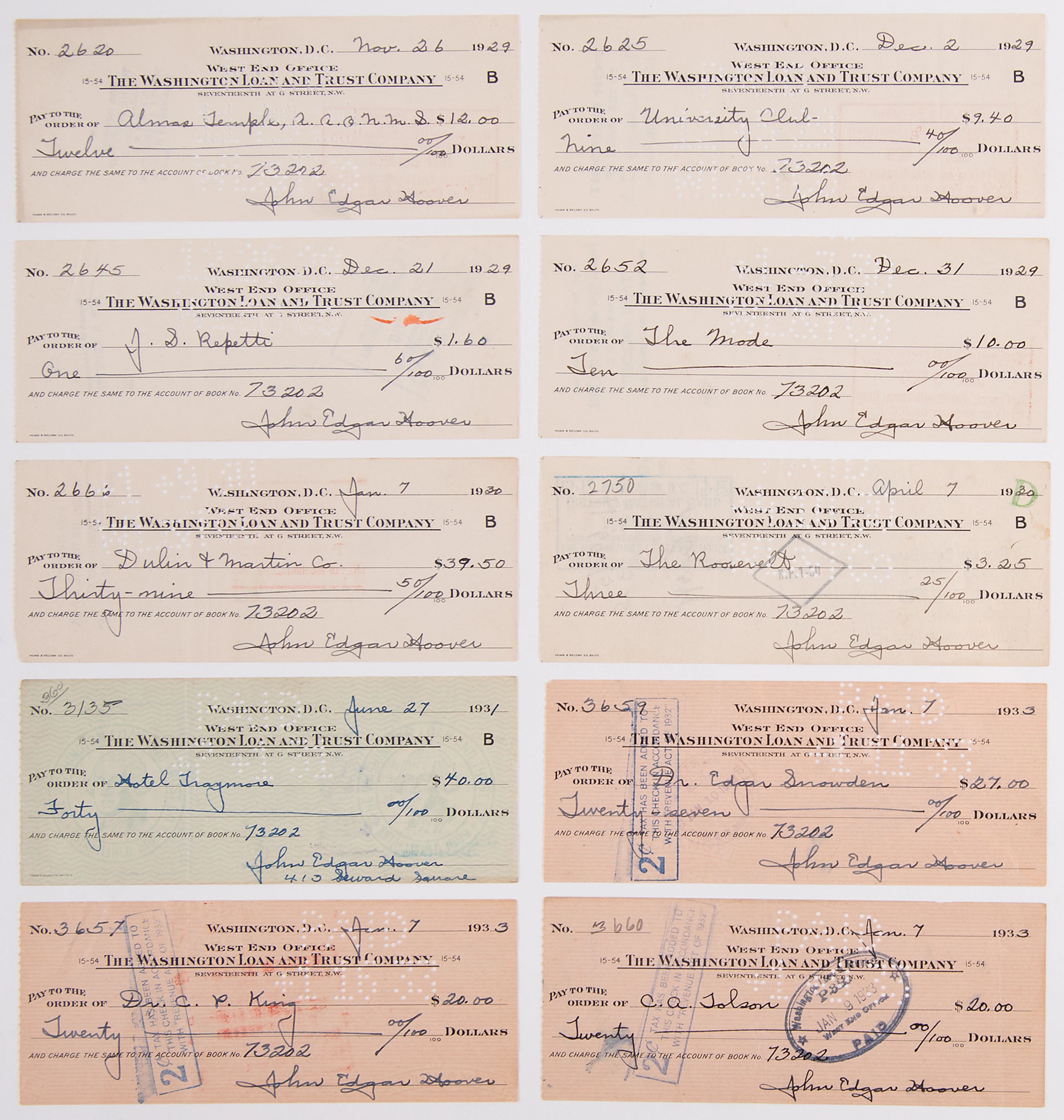 J. Edgar Hoover Collection of (10) Signed Checks