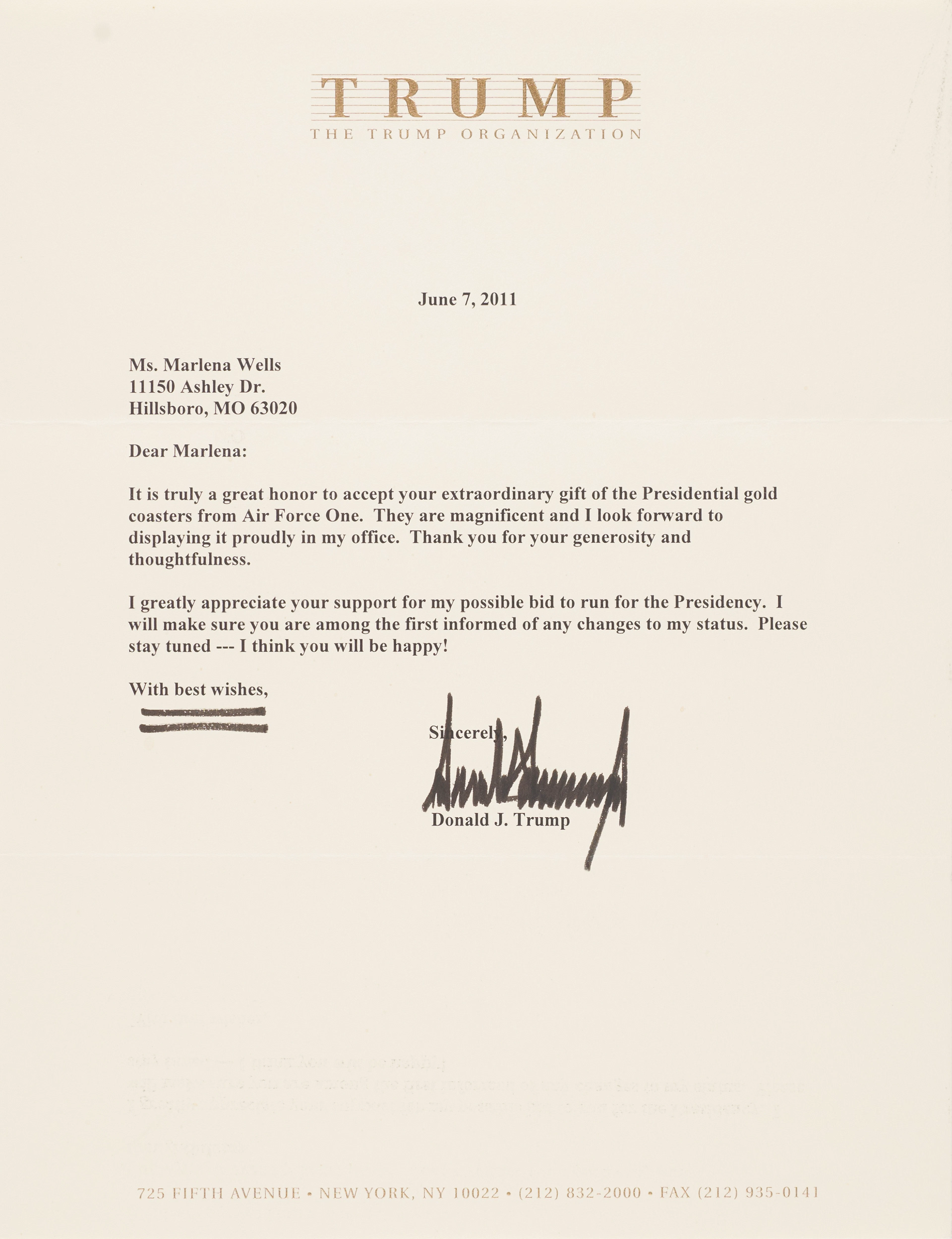 Donald Trump Typed Letter Signed on His "possible bid to run for the