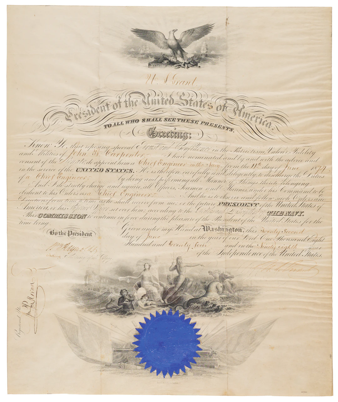 U. S. Grant Document Signed as President, Appointing a Chief Engineer