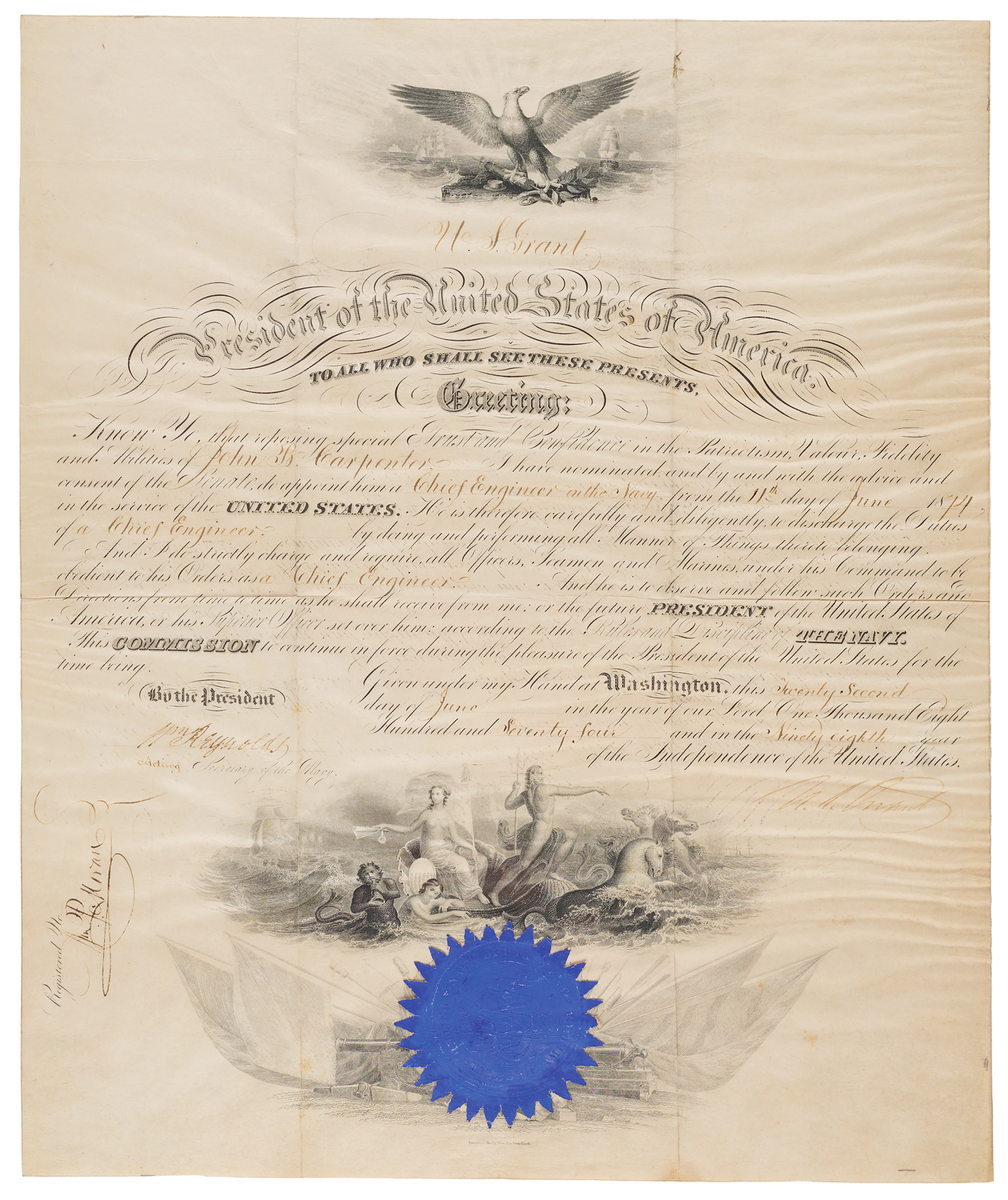 U. S. Grant Document Signed as President, Appointing a Chief Engineer